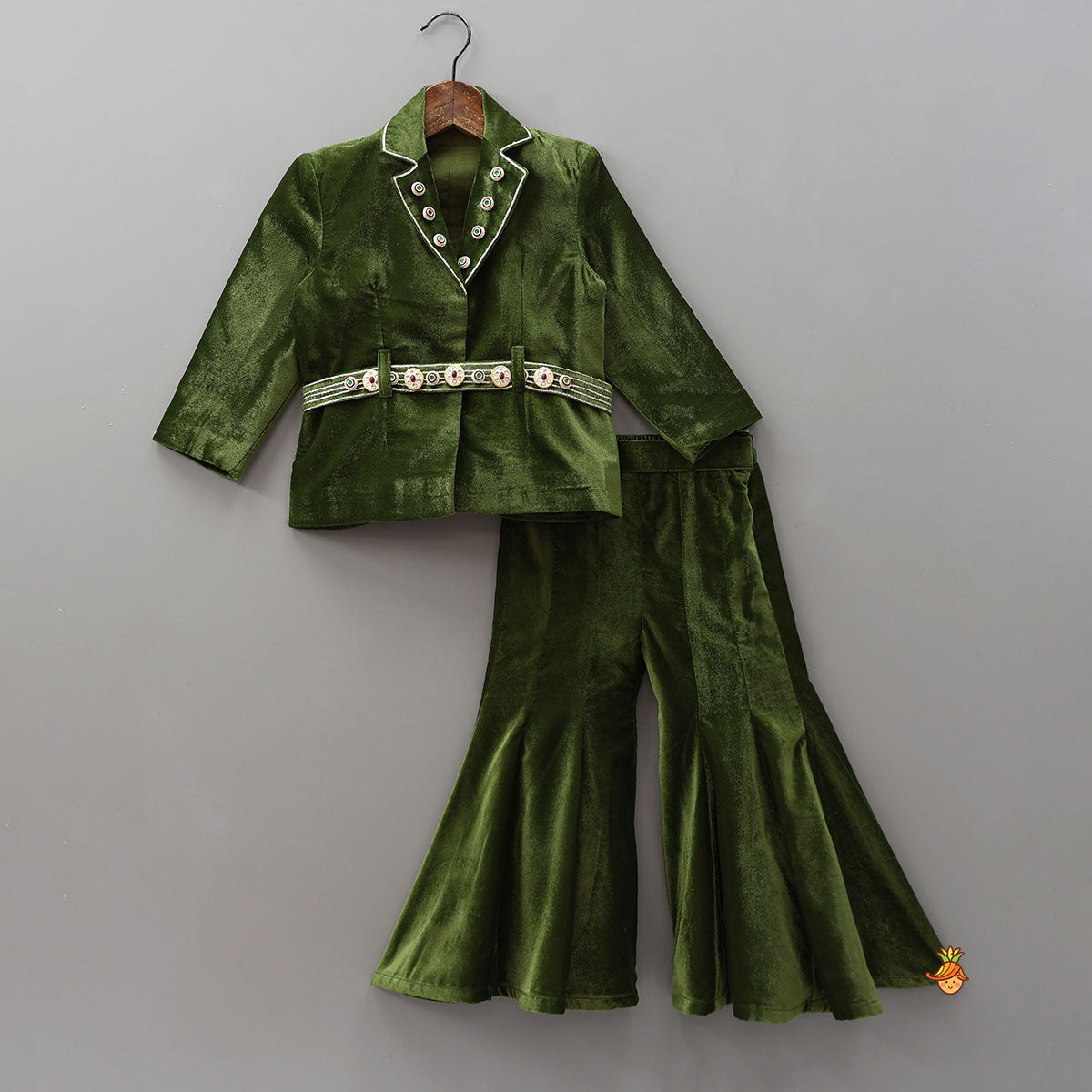 Pre Order: Embellished Velvet Jacket Top With Flared Pants And Embroidered Belt