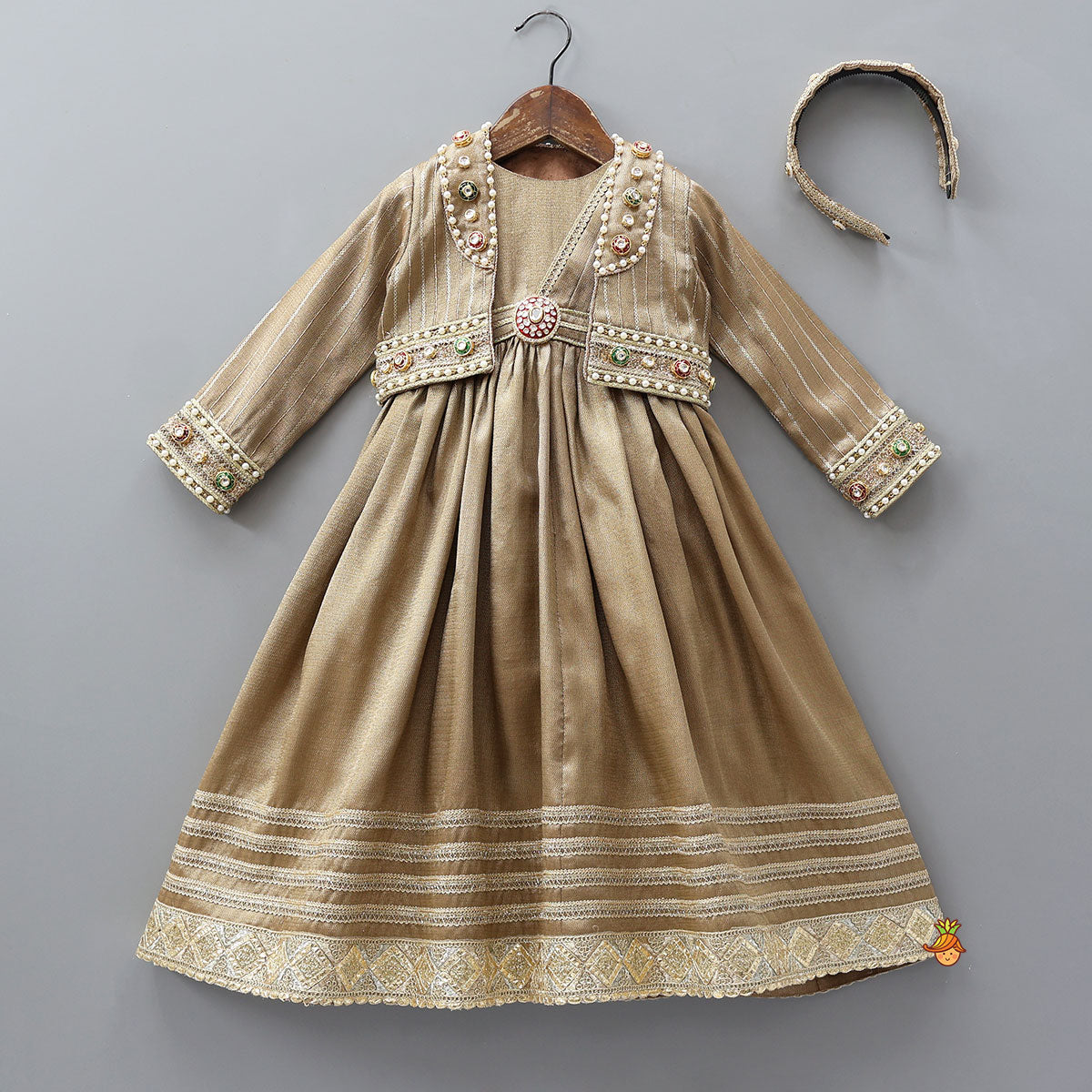 Pre Order: Stunning Pleated Cape Anarkali With Jacket And Matching Hairband