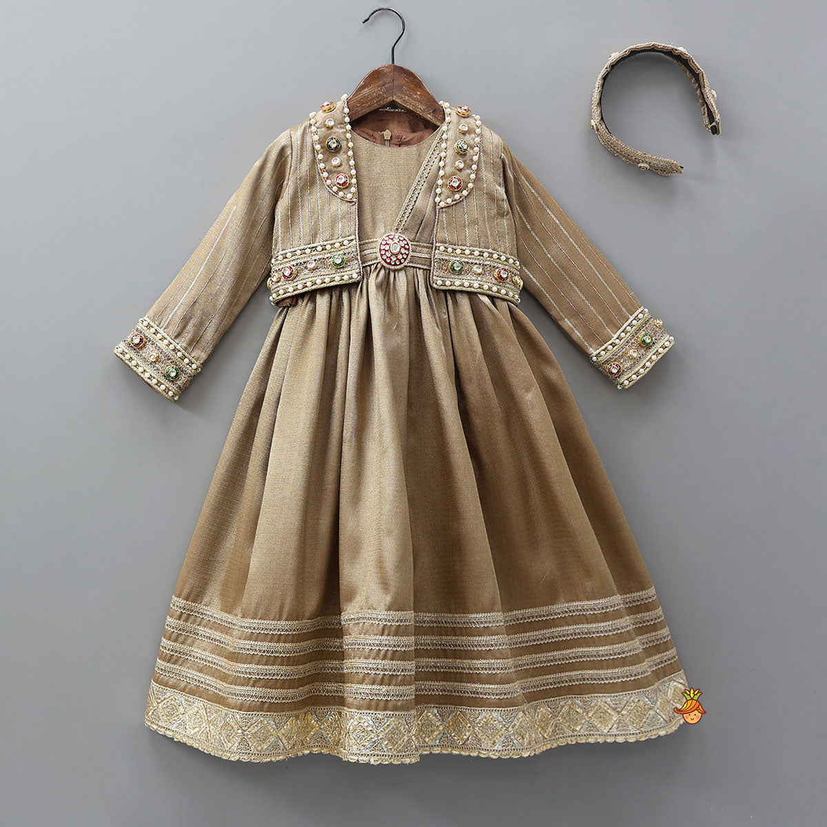 Pre Order: Stunning Pleated Cape Anarkali With Jacket And Matching Hairband