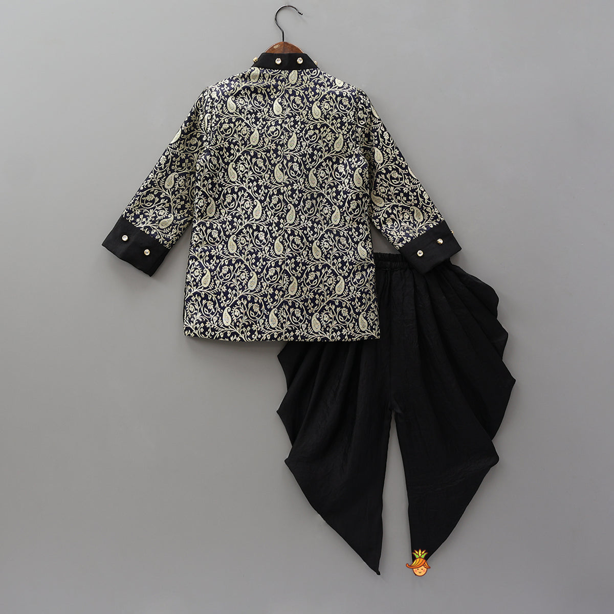 Pre Order: Brocade Jacket Style Top And Dhoti With Matching Potli Bag