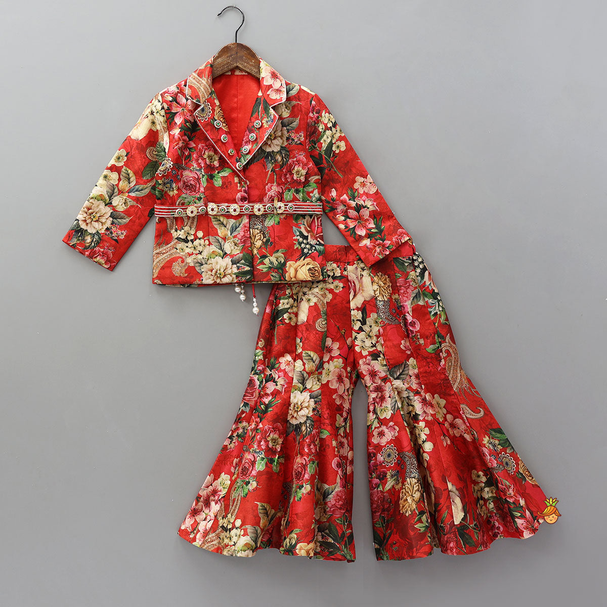 Pre Order: Exquisite Floral Printed Jacket Style Top With Flared Pants And Embroidered Belt