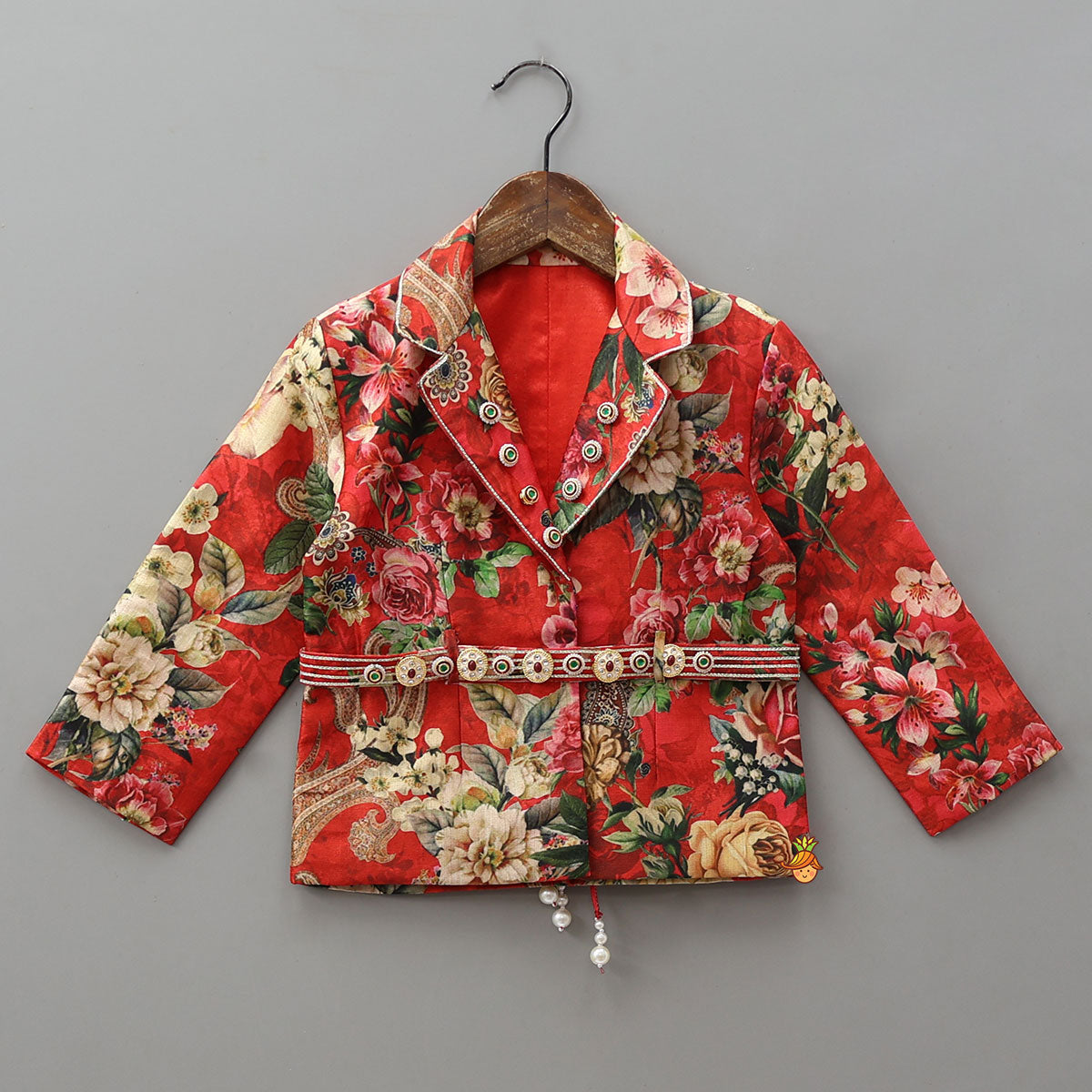 Pre Order: Exquisite Floral Printed Jacket Style Top With Flared Pants And Embroidered Belt