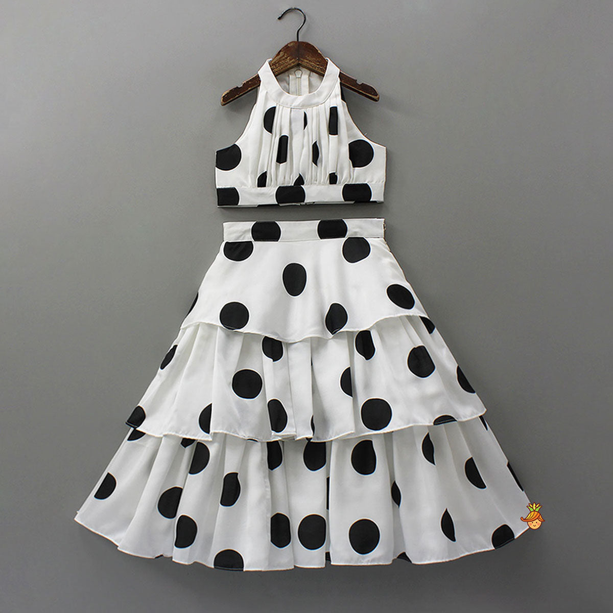 Pre Order: Stunning Halter Neck Polka Dot Printed Top With Matching Layered Skirt Style Lehenga