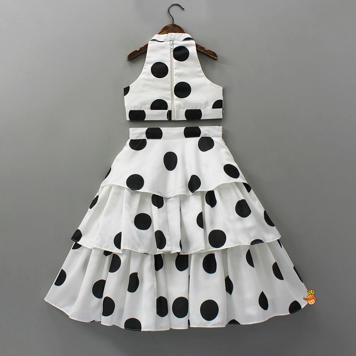 Pre Order: Stunning Halter Neck Polka Dot Printed Top With Matching Layered Skirt Style Lehenga