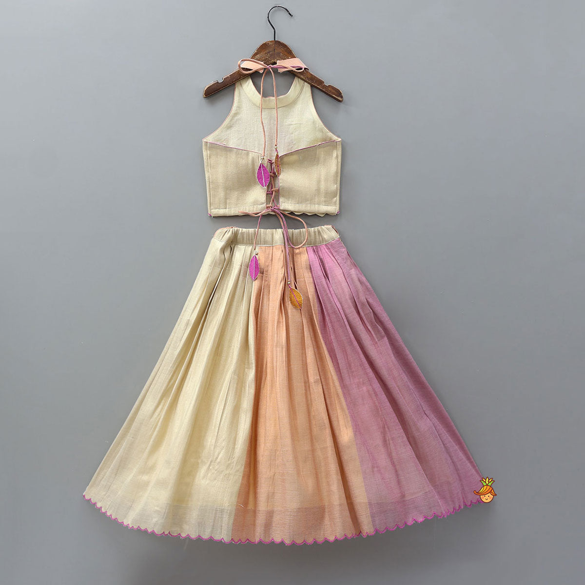 Pre Order: Scalloped Hem Shimmery Top And Panel Lehenga