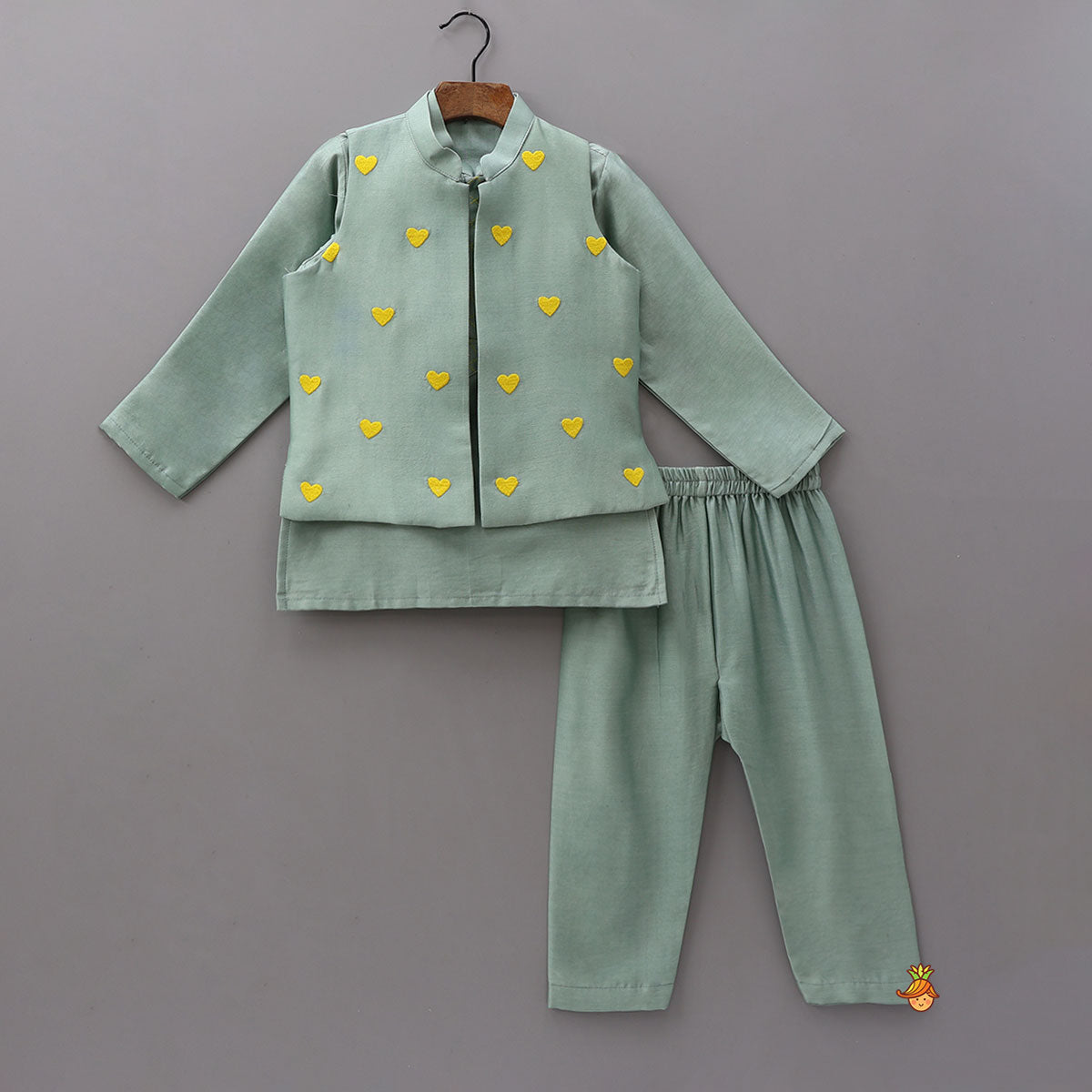 Pre Order: Mandarin-Collar Kurta With Heart-Embroidered Jacket And Pyjama