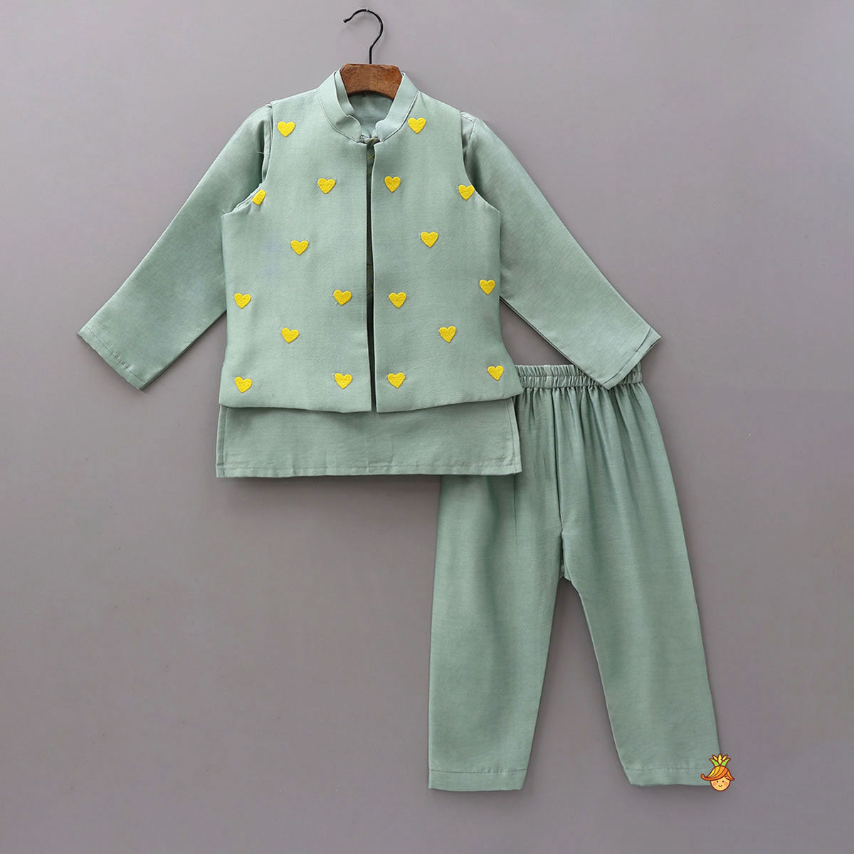 Pre Order: Mandarin-Collar Kurta With Heart-Embroidered Jacket And Pyjama