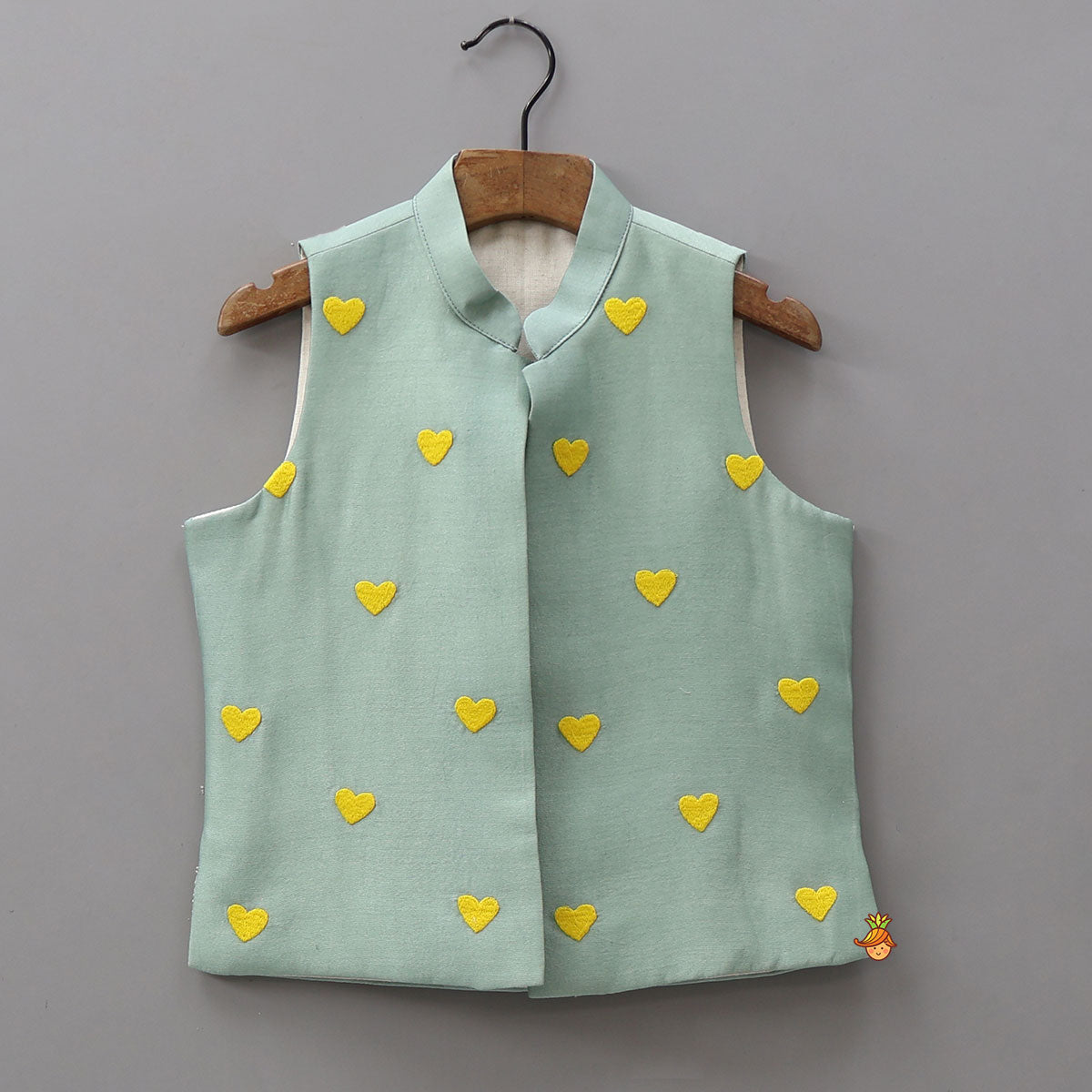 Pre Order: Mandarin-Collar Kurta With Heart-Embroidered Jacket And Pyjama