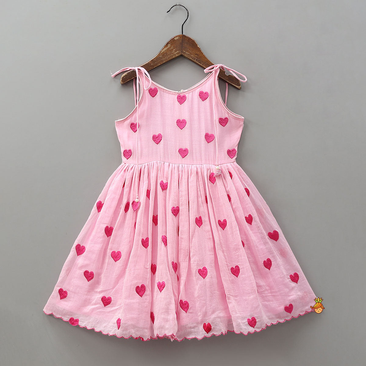 Pre Order: Cute Hearts Embroidered Tie Up Dress With Matching Headband