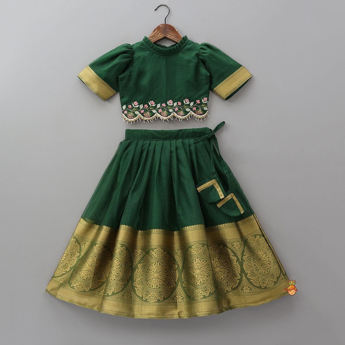 Pre Order: Floral Embroidered Scalloped Hem Top And Pleated Lehenga