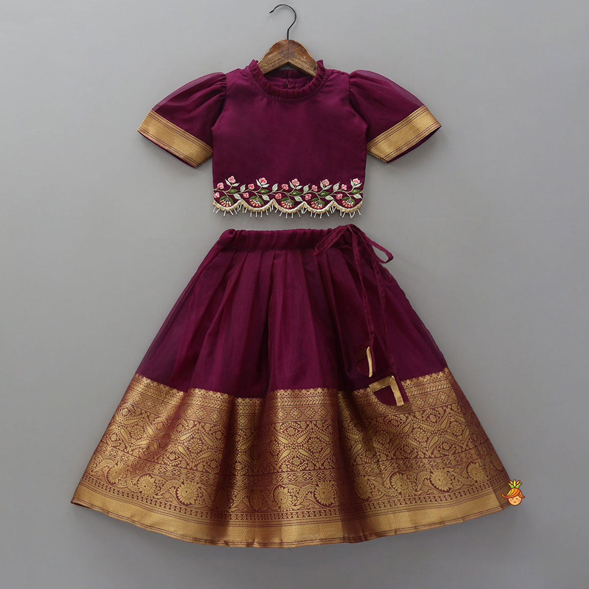Pre Order: Floral-Embroidered Scalloped Hem Top And Pleated Lehenga