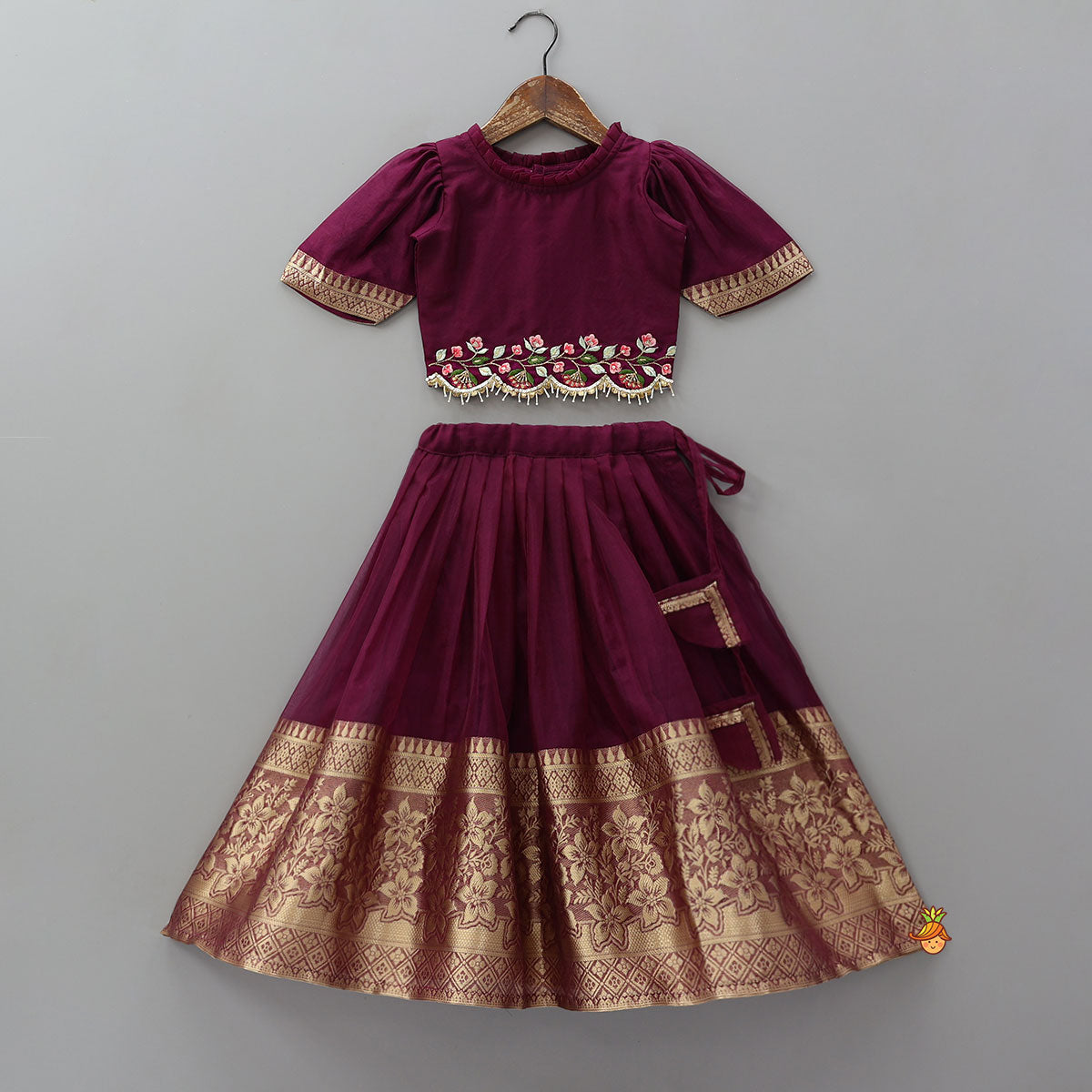 Pre Order: Floral Embroidered Scalloped Hem Top With Pleated Lehenga