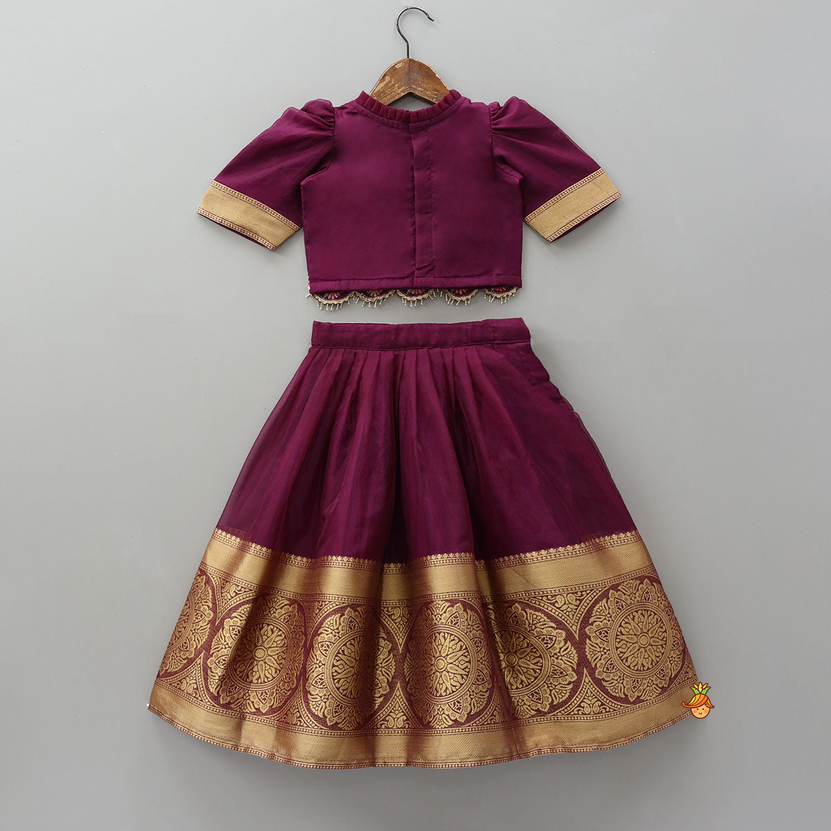 Pre Order: Floral-Embroidered Scalloped Hem Top And Pleated Lehenga