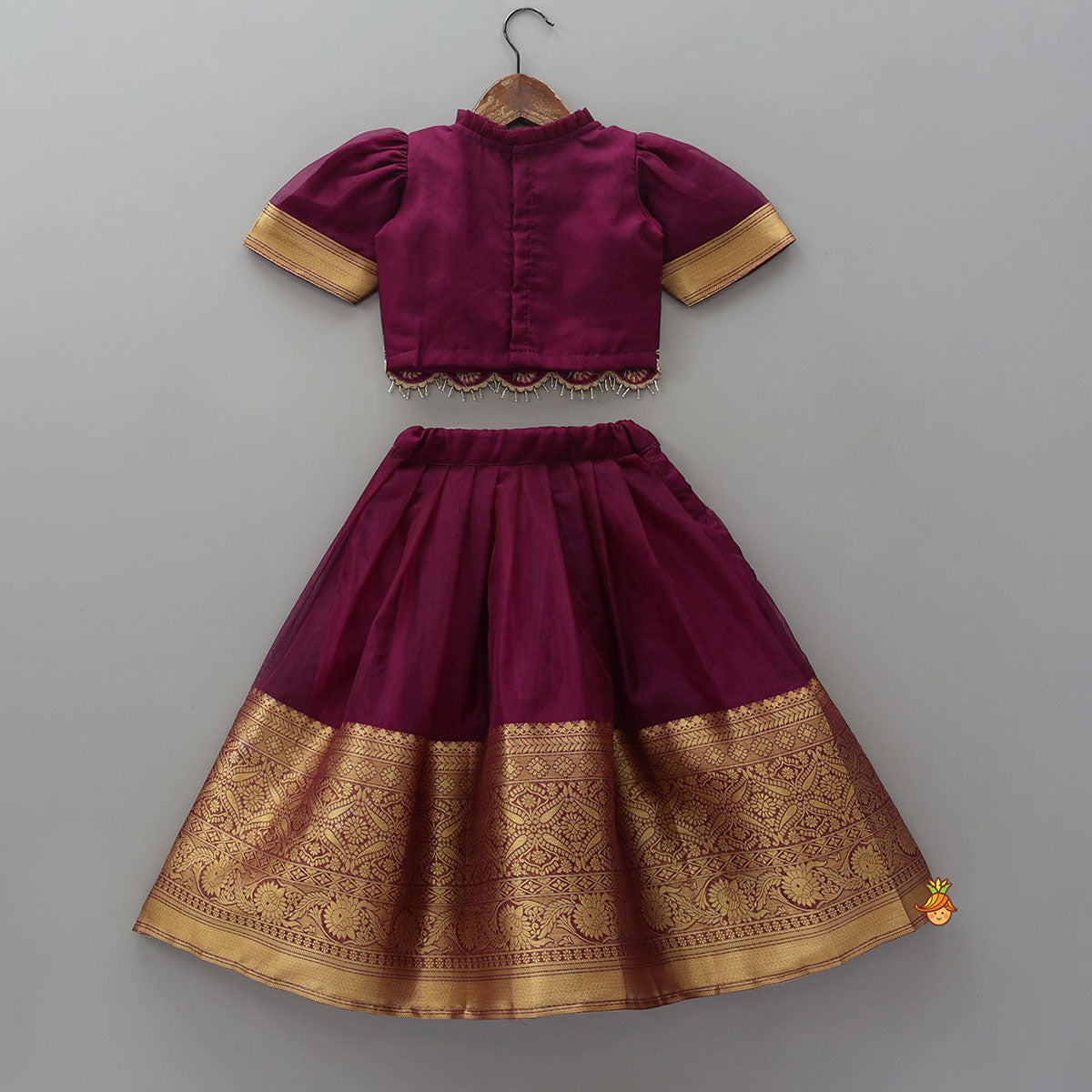 Pre Order: Floral-Embroidered Scalloped Hem Top And Pleated Lehenga