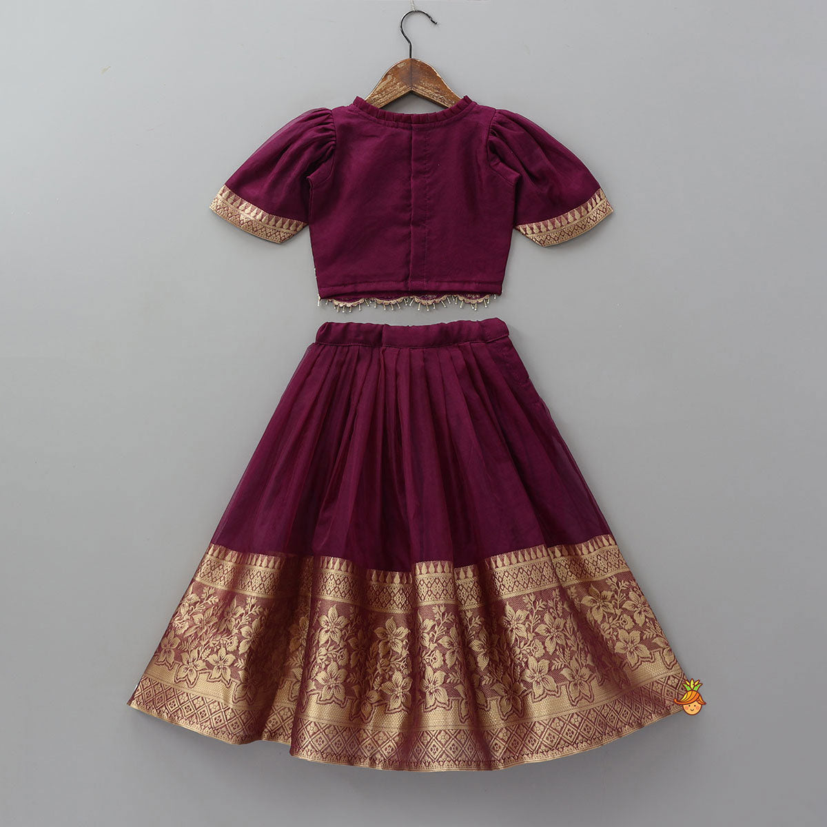Pre Order: Floral Embroidered Scalloped Hem Top With Pleated Lehenga