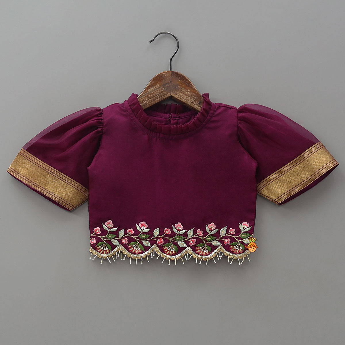 Pre Order: Floral-Embroidered Scalloped Hem Top And Pleated Lehenga
