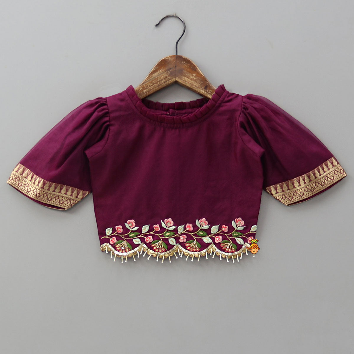 Pre Order: Floral Embroidered Scalloped Hem Top With Pleated Lehenga