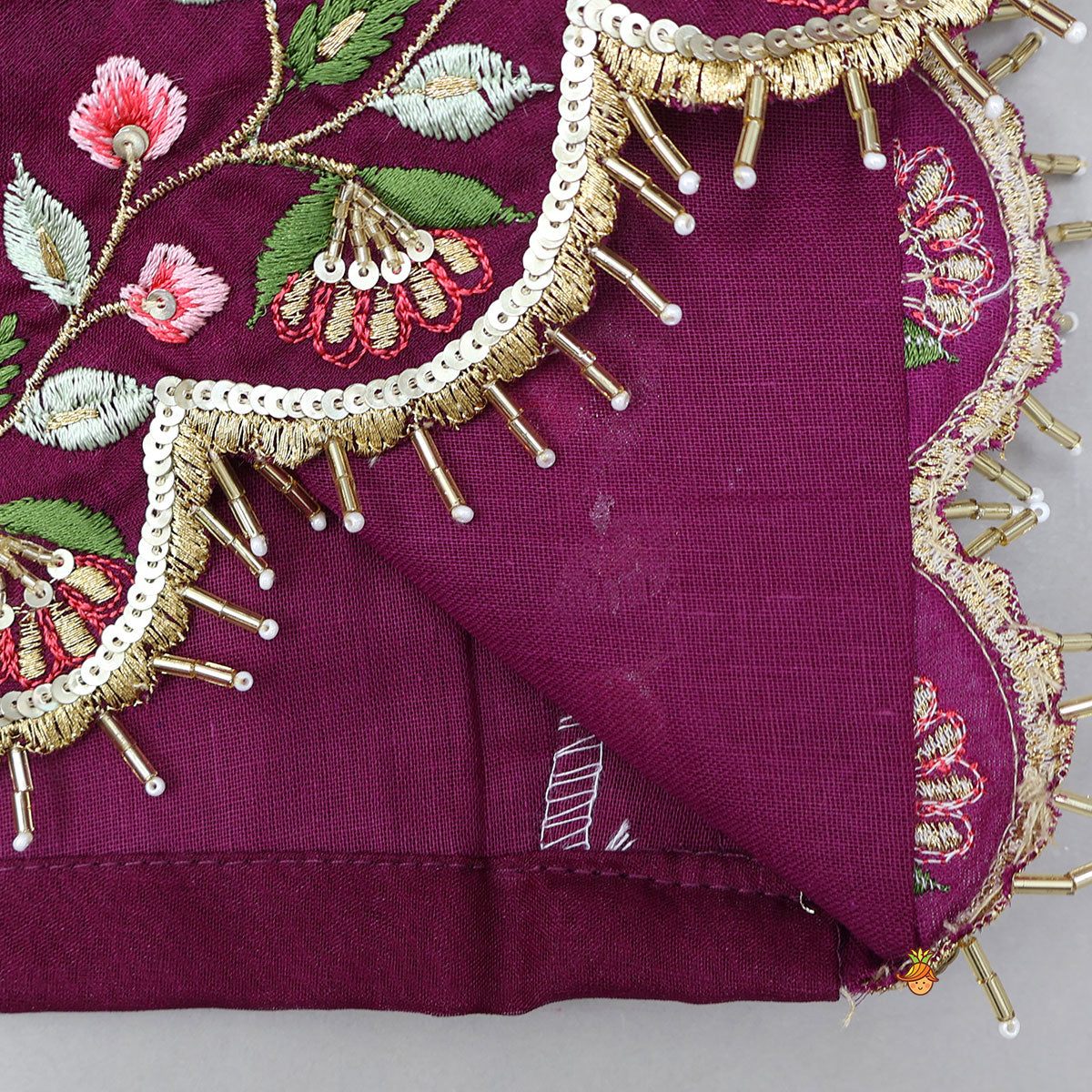 Pre Order: Floral-Embroidered Scalloped Hem Top And Pleated Lehenga