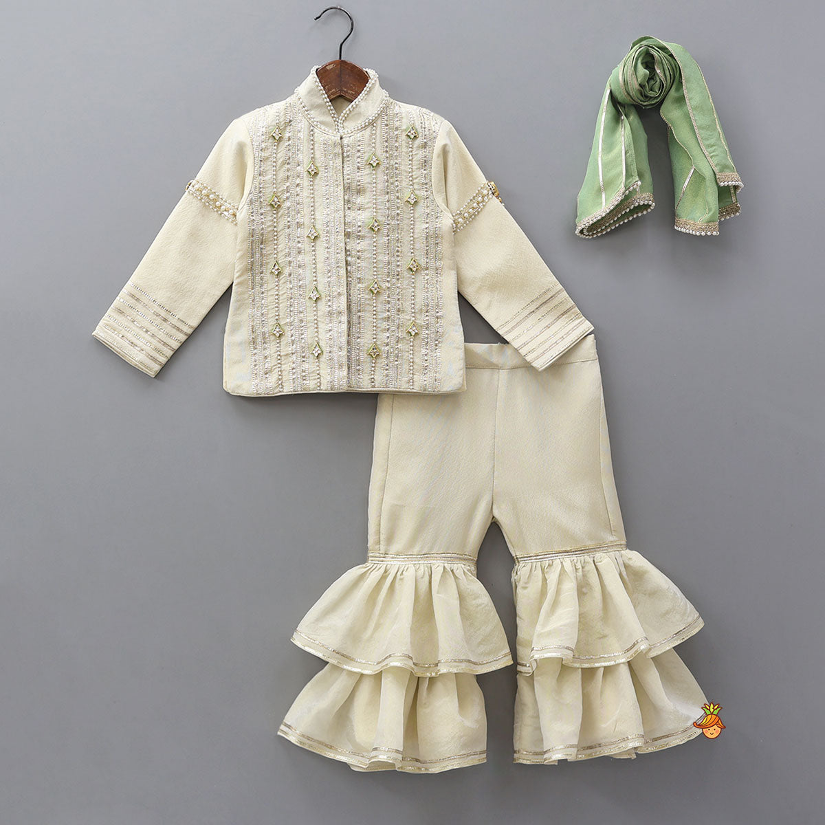 Pre Order: Shimmery Front Open Embroidered Top And Layered Sharara With Contrasting Dupatta