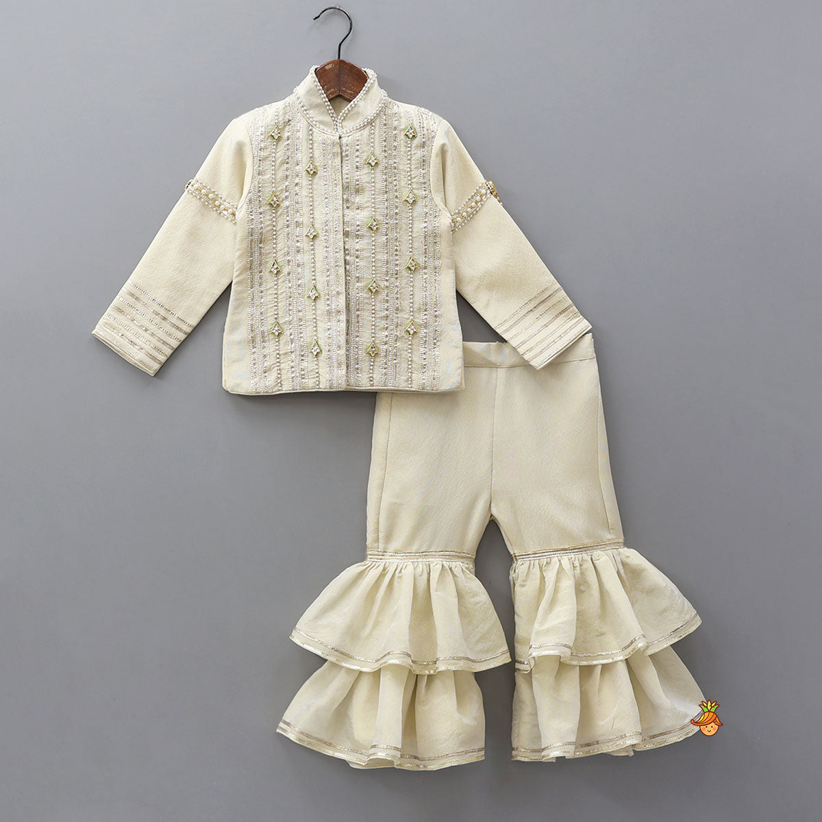 Pre Order: Shimmery Front Open Embroidered Top And Layered Sharara With Contrasting Dupatta