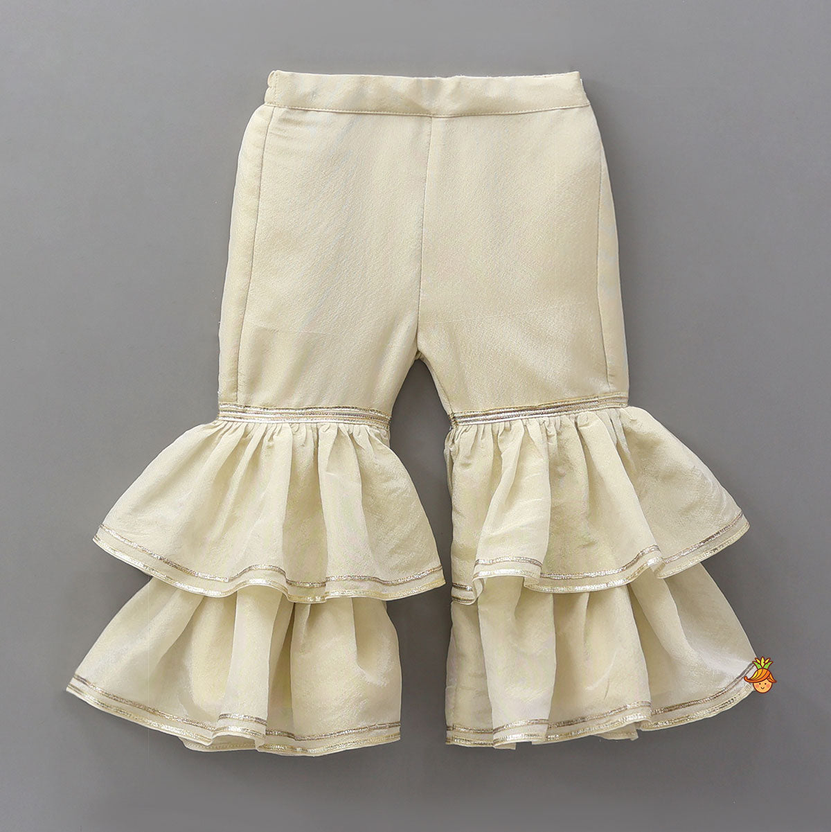 Pre Order: Shimmery Front Open Embroidered Top And Layered Sharara With Contrasting Dupatta