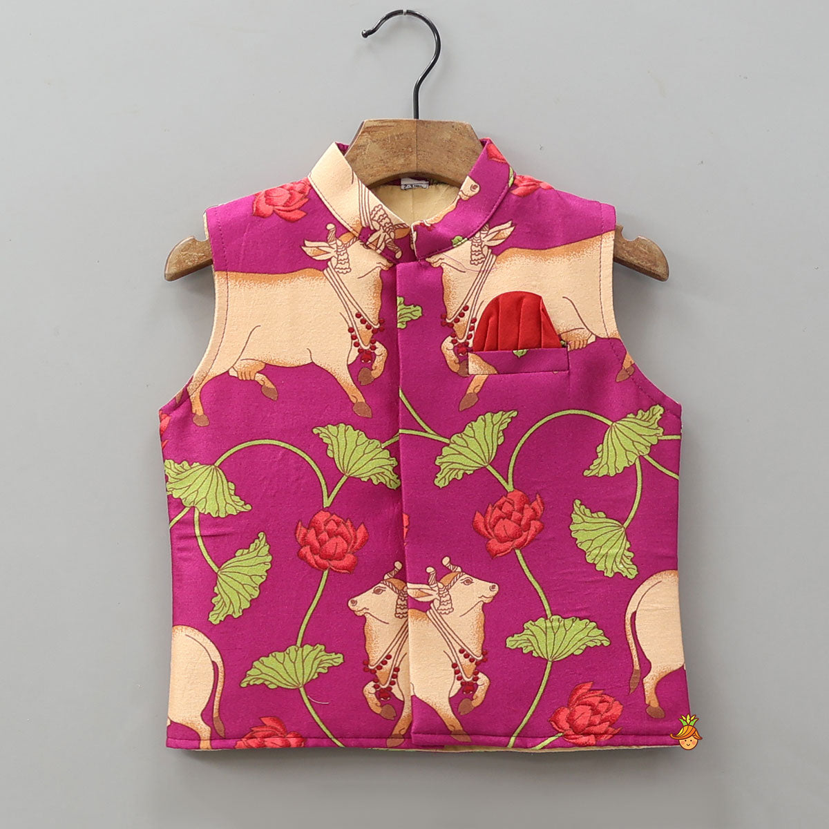 Pre Order: Curved Hem Ethnic Kurta With Printed Jacket And Pyjama