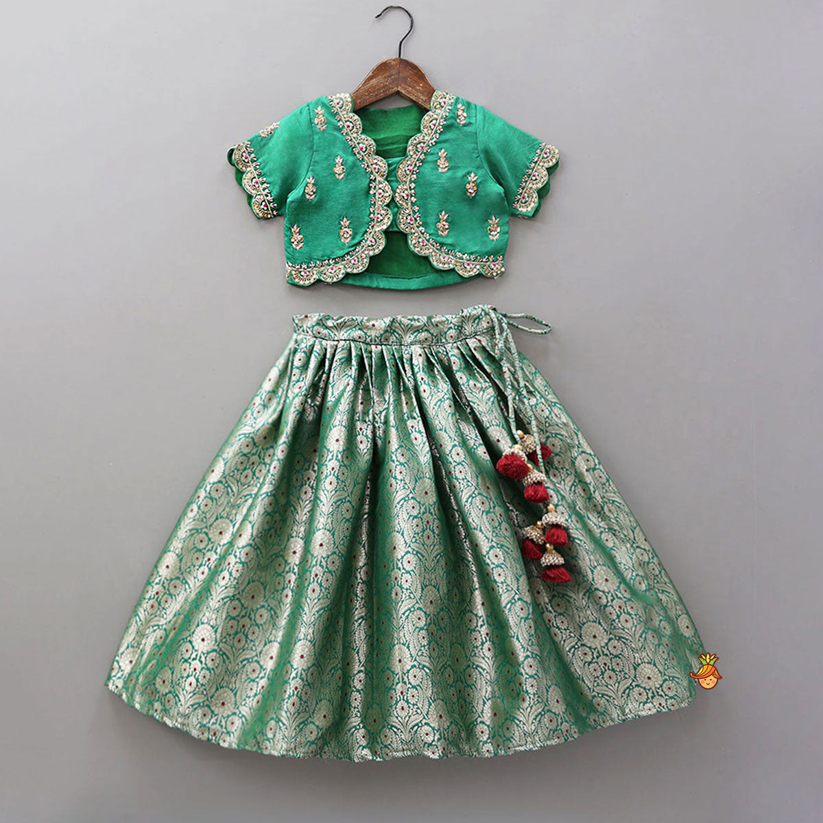 Pre Order: Scalloped Design Top And Brocade Lehenga