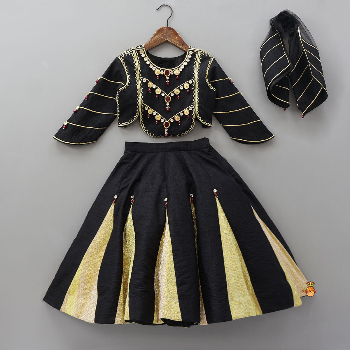 Pre Order: Embellished Stylish Sleeve Top With Lehenga And Dupatta