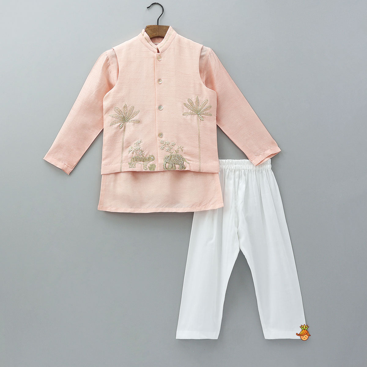 Ethnic Kurta With Jungle-Themed Embroidered Jacket And Pyjama