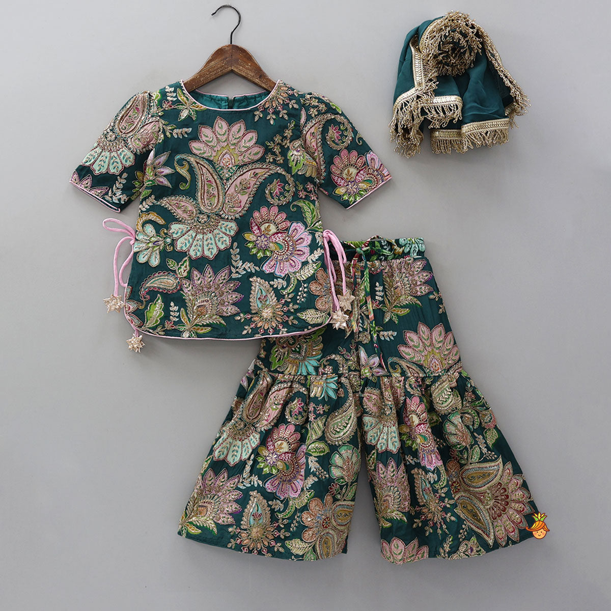 Pre Order: Side-Knot Detailed Elegant Kurti And Sharara With Matching Dupatta