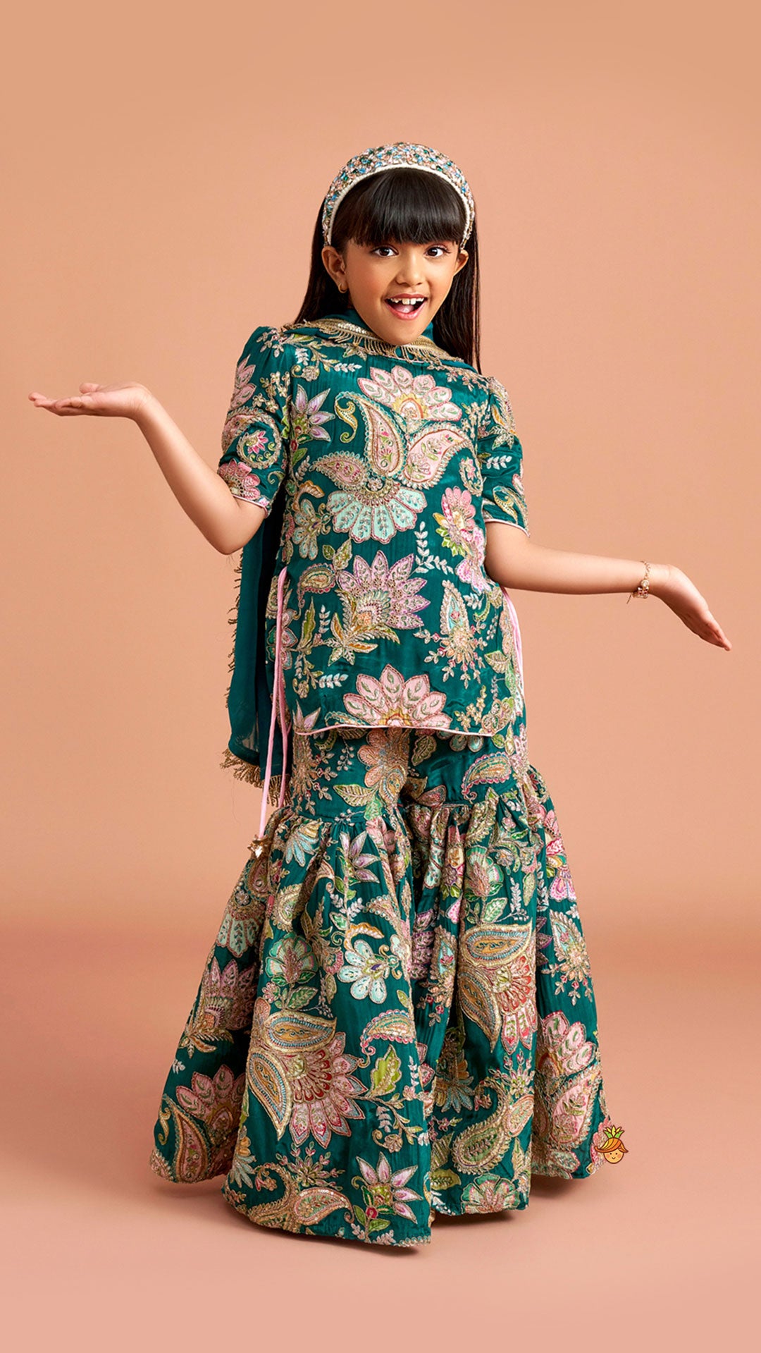 Pre Order: Side-Knot Detailed Elegant Kurti And Sharara With Matching Dupatta