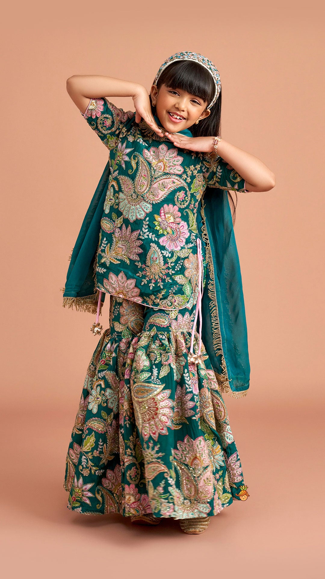 Pre Order: Side-Knot Detailed Elegant Kurti And Sharara With Matching Dupatta