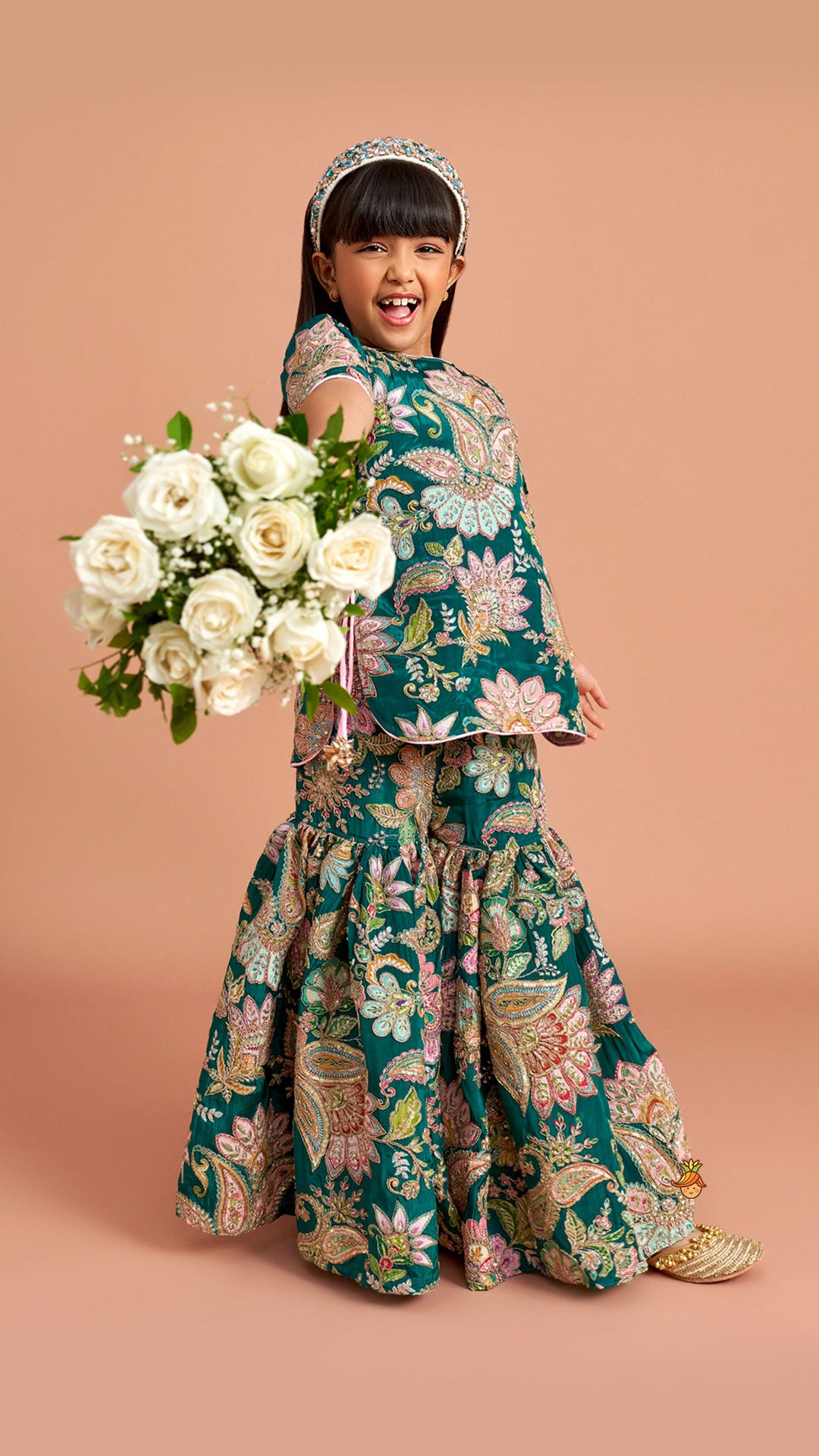 Pre Order: Side-Knot Detailed Elegant Kurti And Sharara With Matching Dupatta