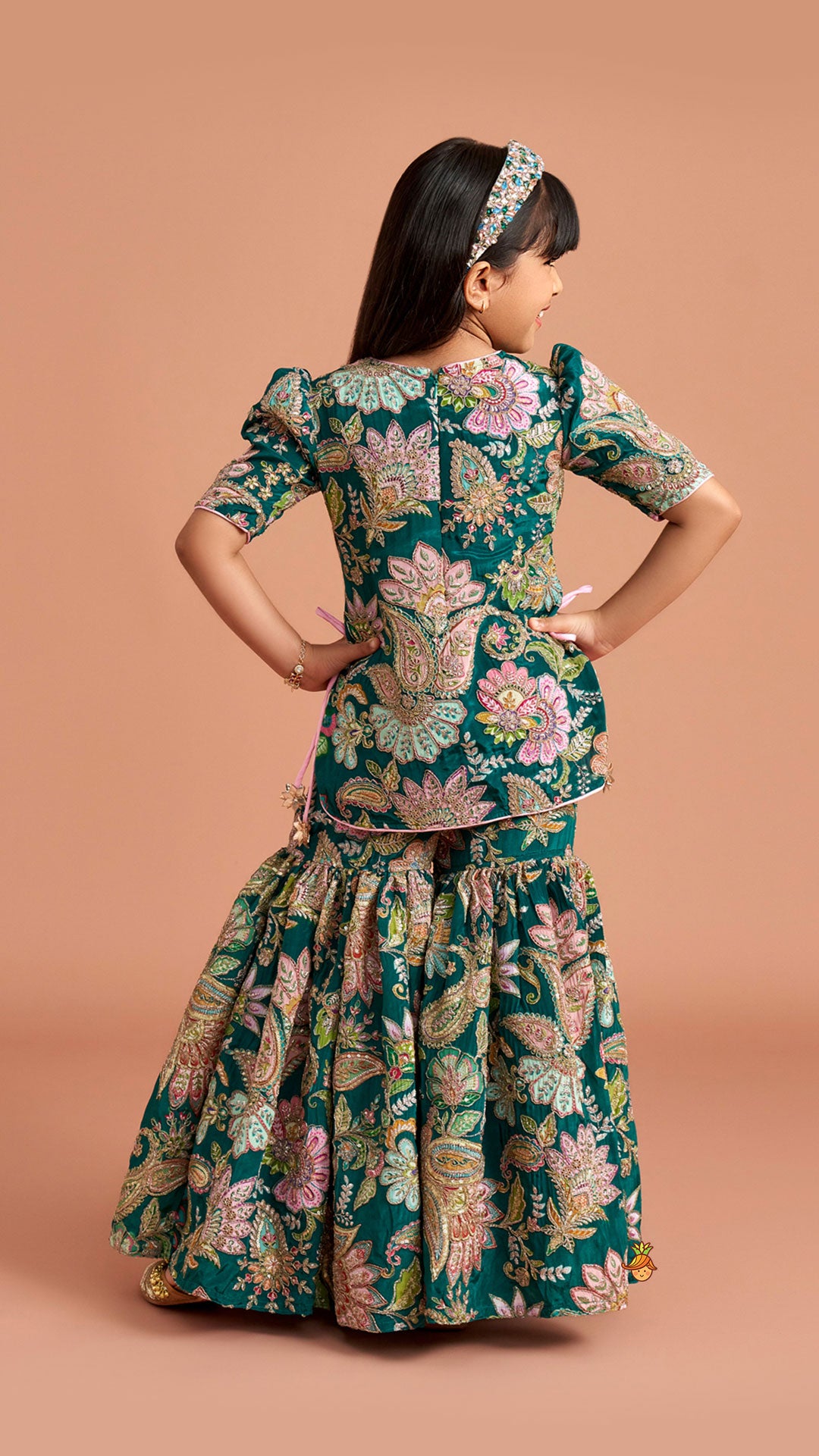 Pre Order: Side-Knot Detailed Elegant Kurti And Sharara With Matching Dupatta