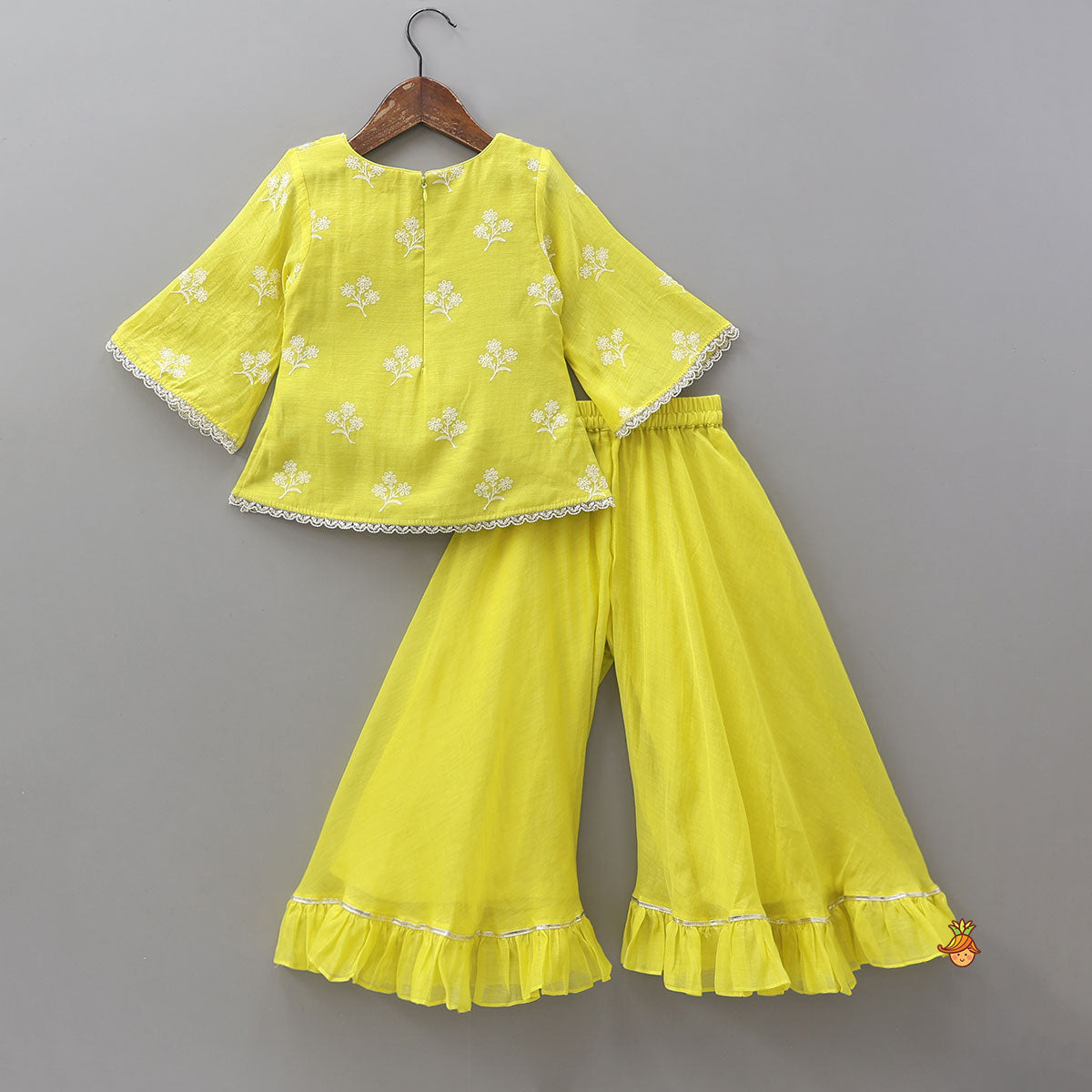 Pre Order: Thread Floral Embroidered Top And Ruffle Hem Palazzo