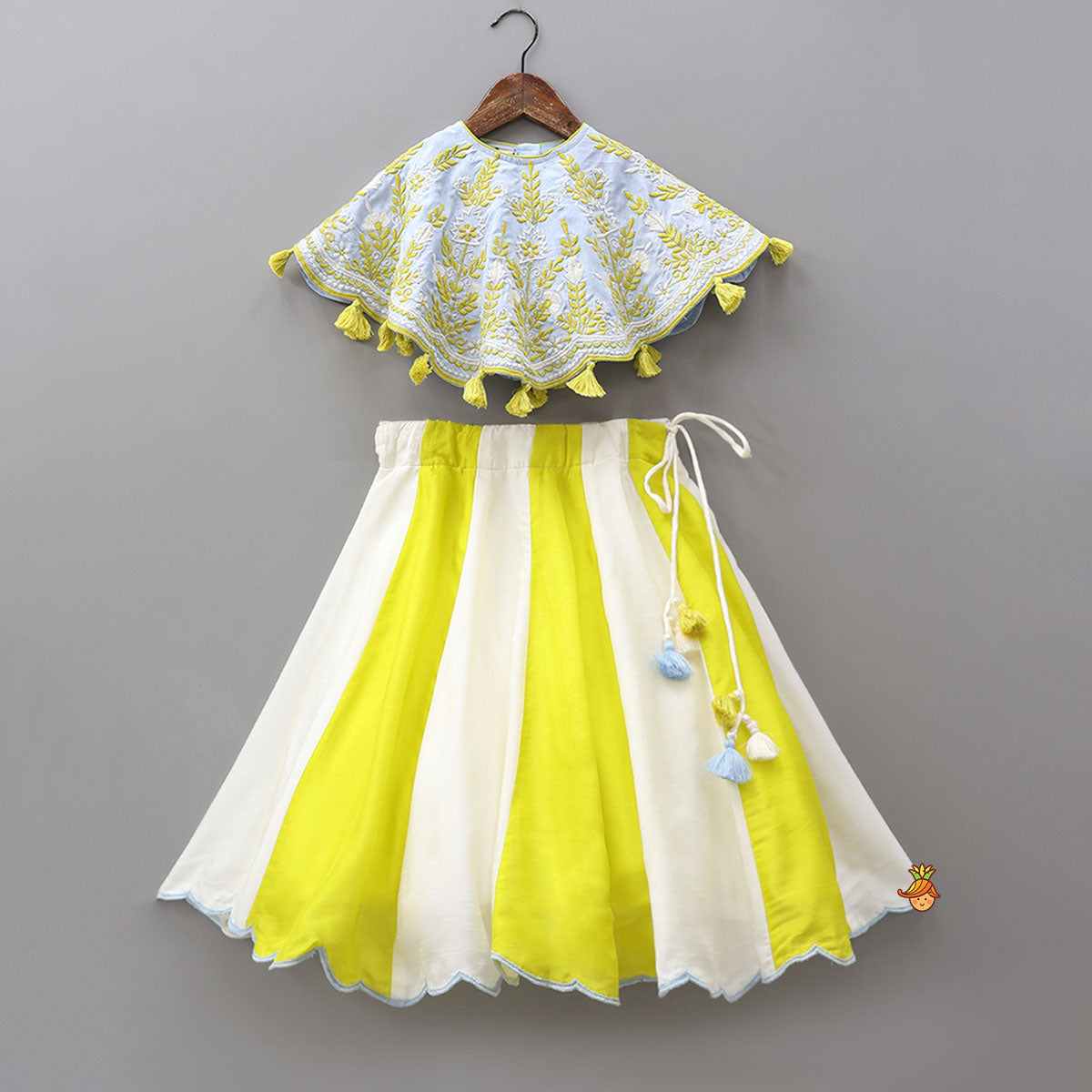 Pre Order: Cape Style Top And Colour Block Lehenga