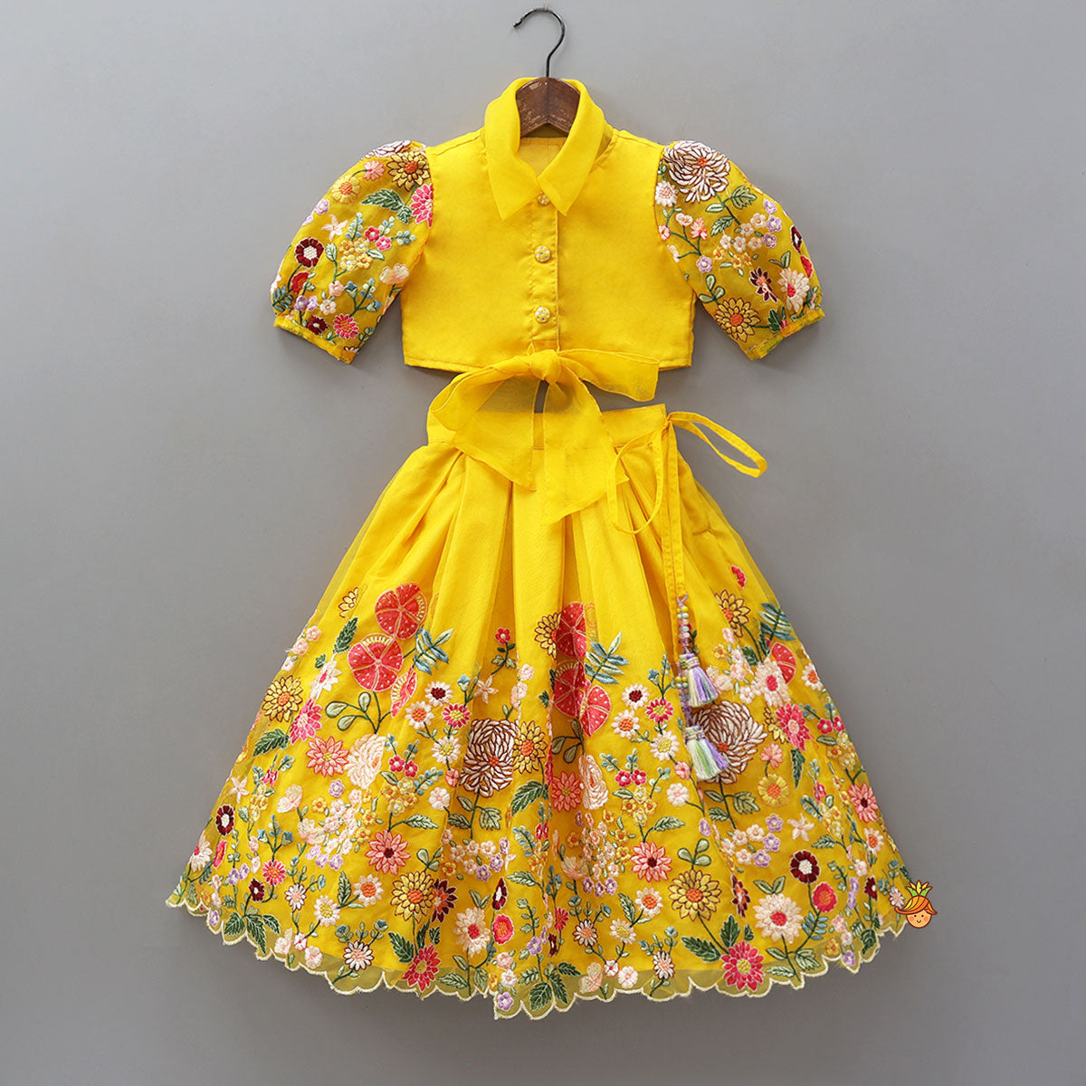 Pre Order: Collar Neck Front-Open Top And Heavy Embroidered Lehenga