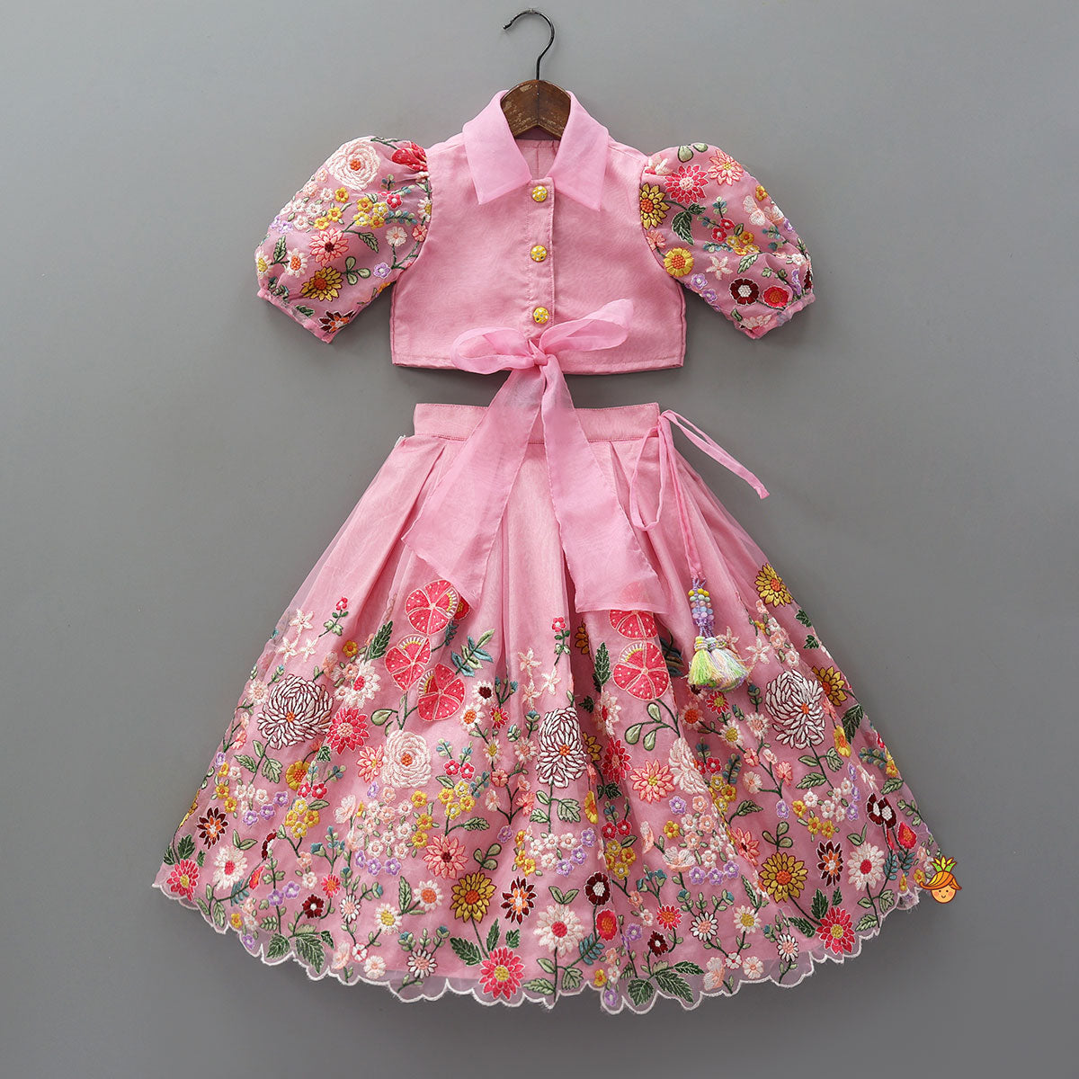 Pre Order: Collar Neck Front-Open Top And Heavy Embroidered Lehenga