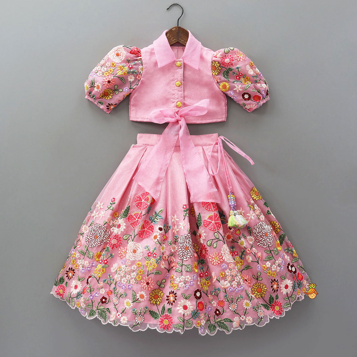 Pre Order: Collar Neck Front-Open Top And Heavy Embroidered Lehenga