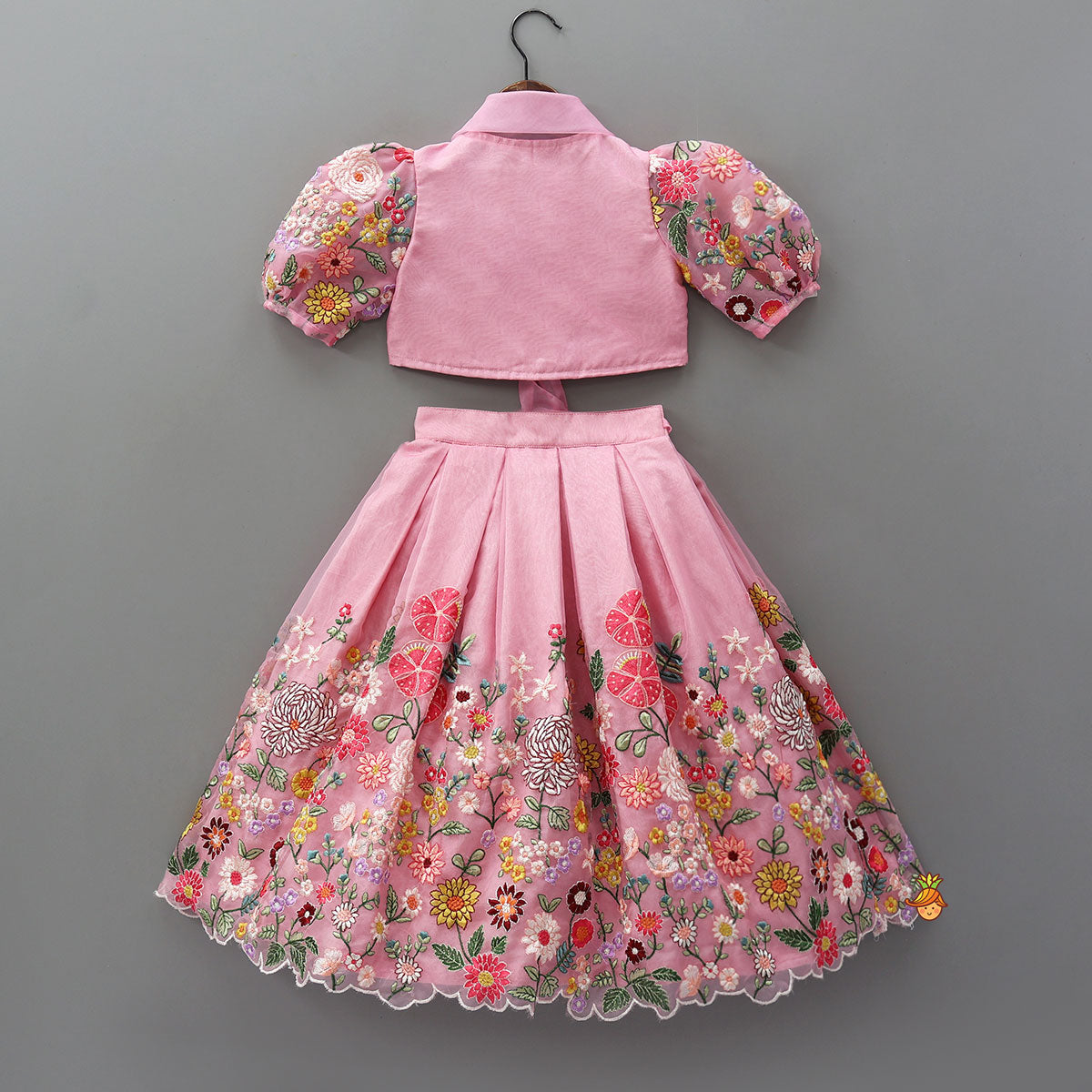 Pre Order: Collar Neck Front-Open Top And Heavy Embroidered Lehenga