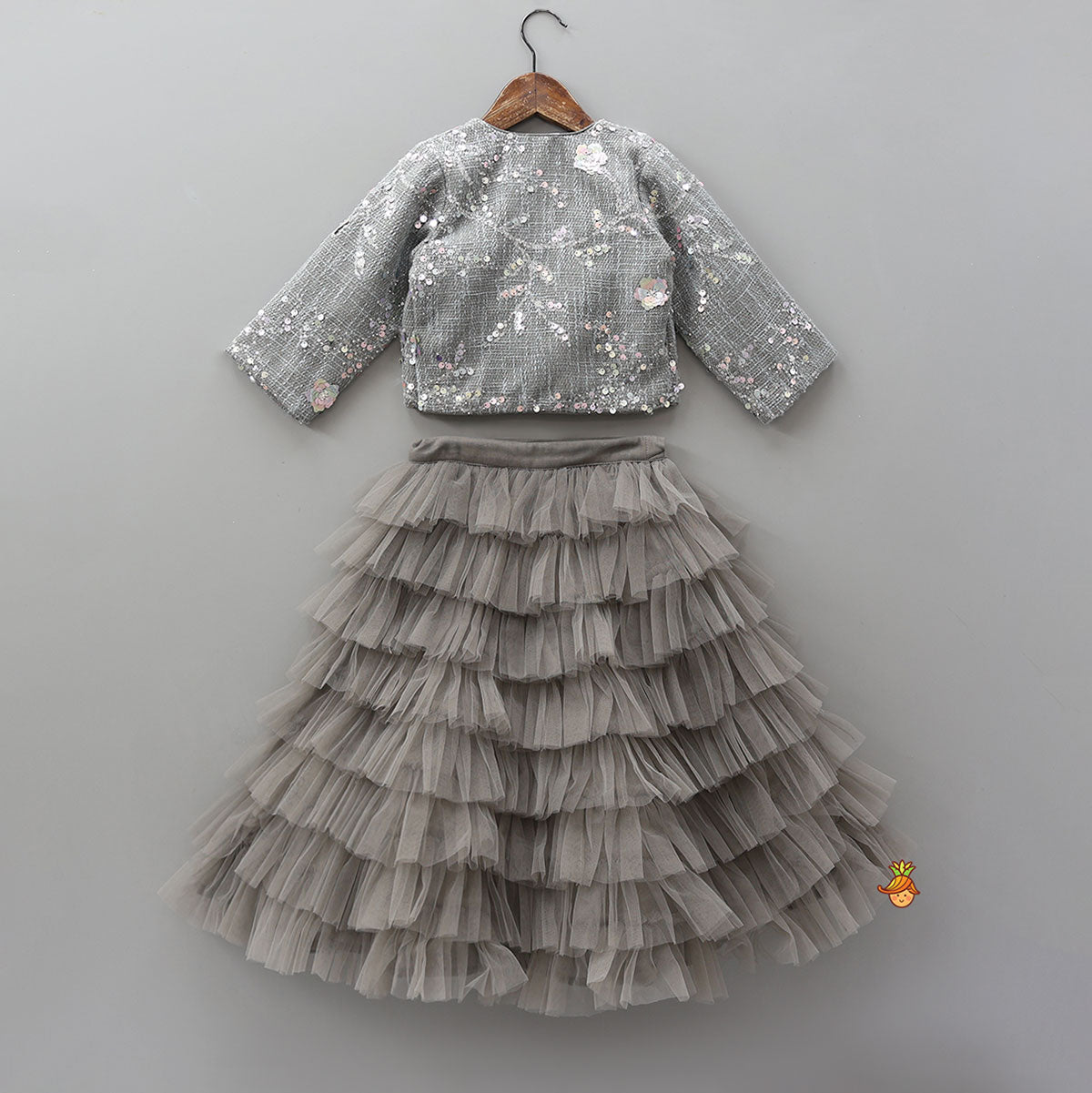 Pre Order: Beautiful Top With Open Jacket And Layered Net Lehenga