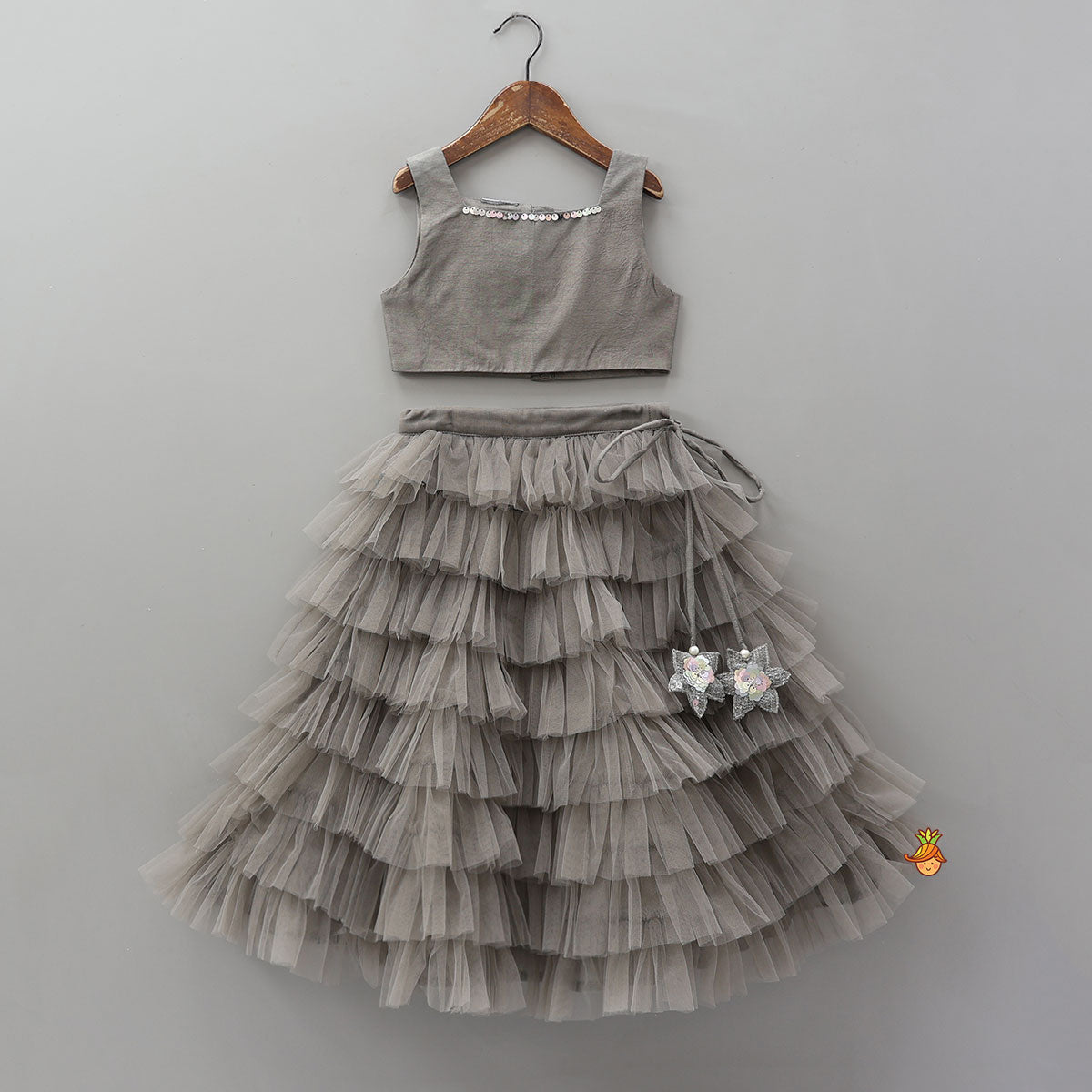 Pre Order: Beautiful Top With Open Jacket And Layered Net Lehenga