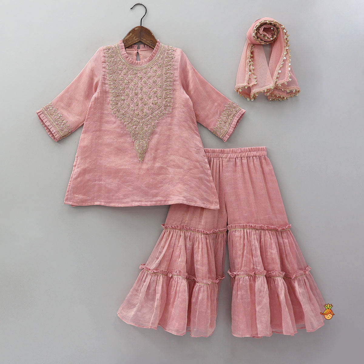 Pre Order: Shimmery Striped Kurti And Sharara With Matching Net Dupatta