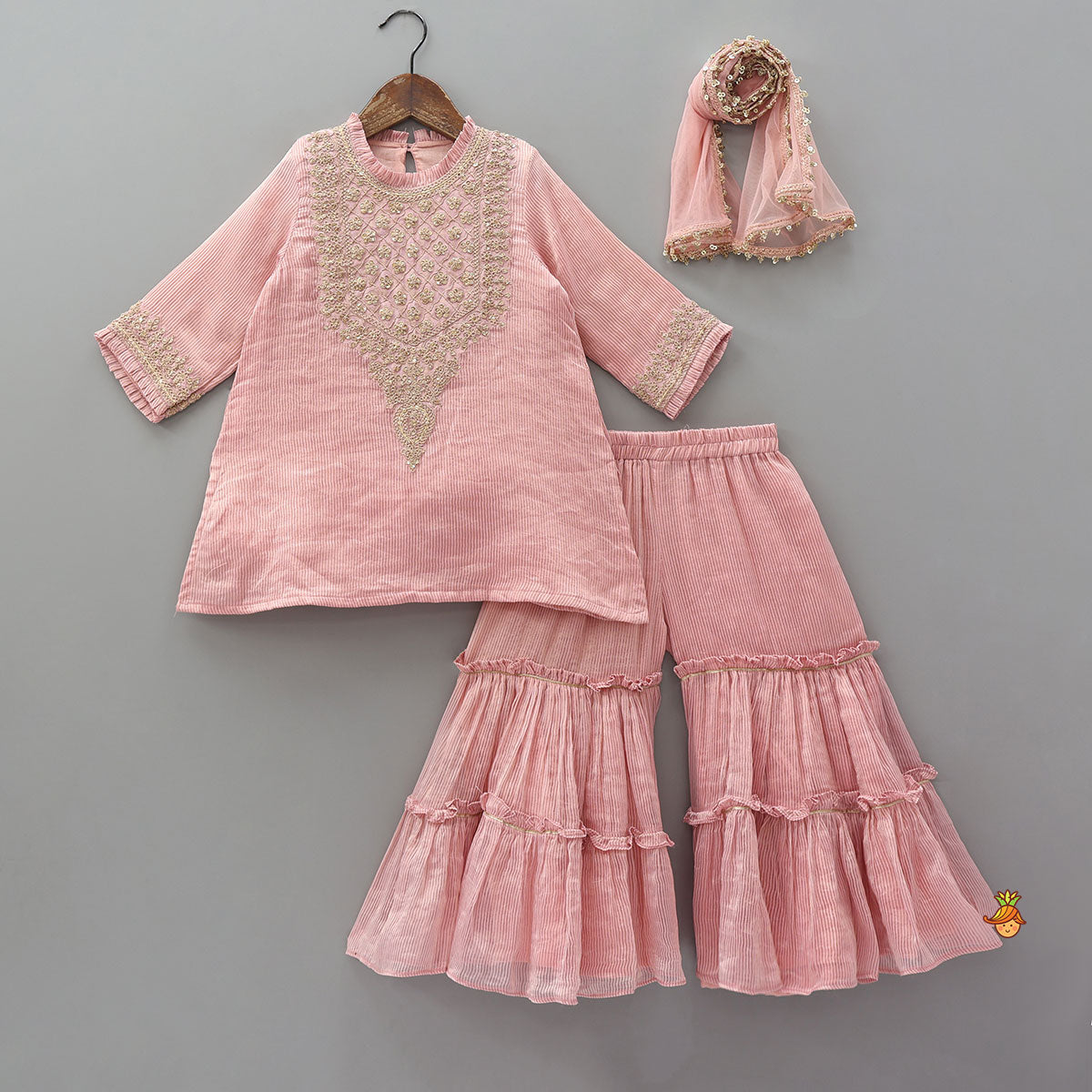 Pre Order: Shimmery Striped Kurti And Sharara With Matching Net Dupatta