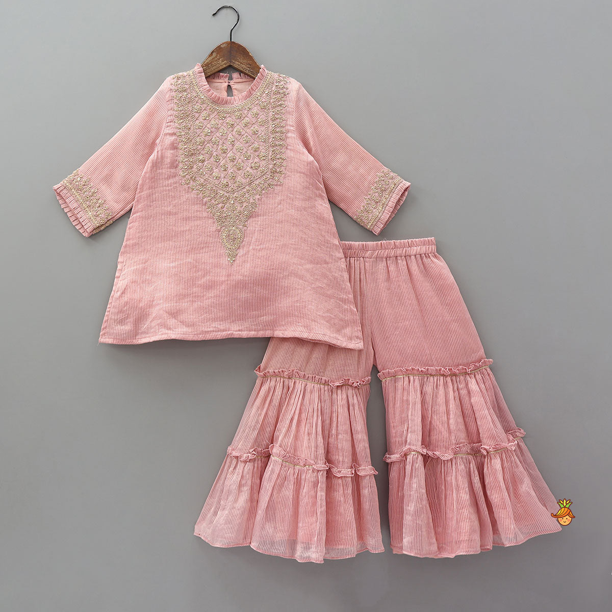 Pre Order: Shimmery Striped Kurti And Sharara With Matching Net Dupatta