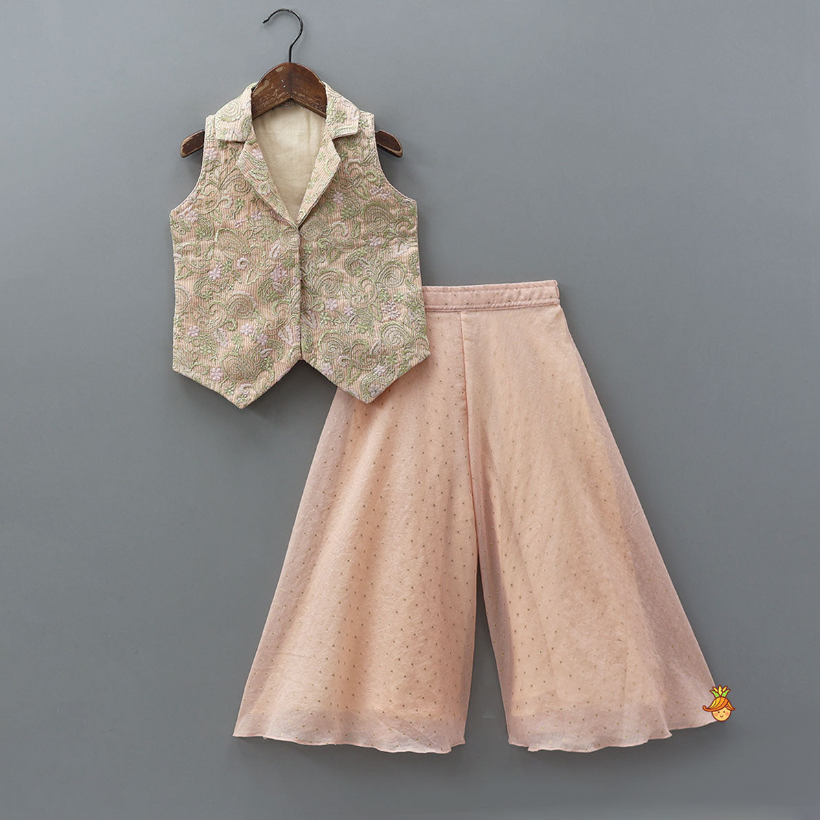 Pre Order: Embroidered Notch Collar Top And Flared Palazzo