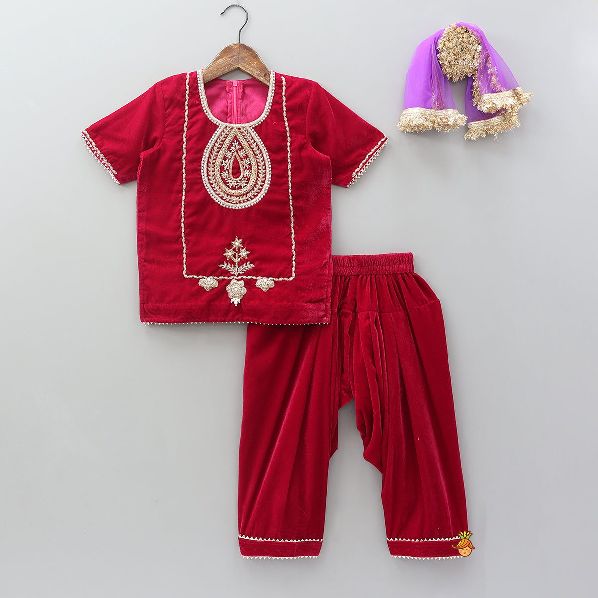 Pre Order: Hand Embroidered Kurti And Salwar With Contrasting Dupatta