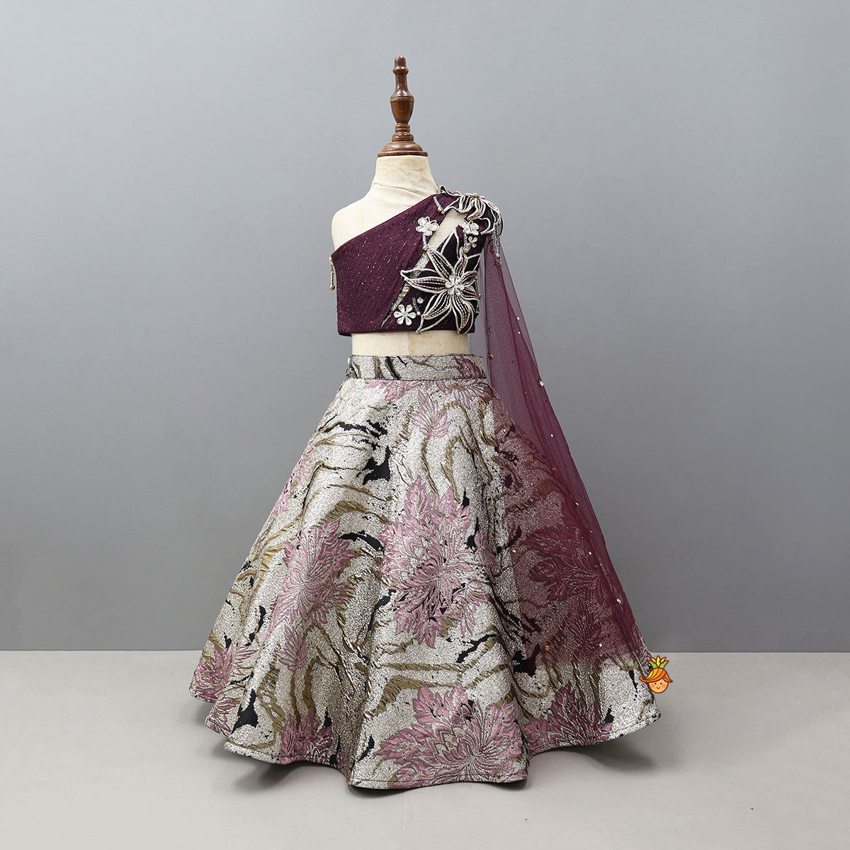 Pre Order: Stunning One Shoulder Drape Top With Lehenga