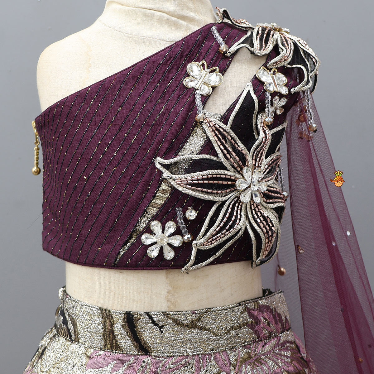 Pre Order: Stunning One Shoulder Drape Top With Lehenga