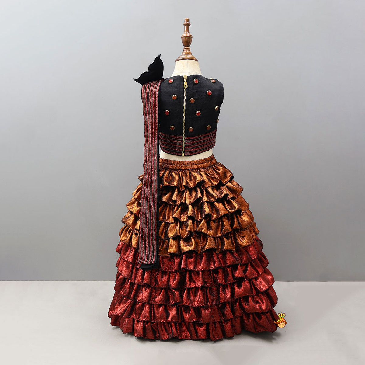 Pre Order: Butterfly-Adorned Drape Top With Layered Shiny Lehenga